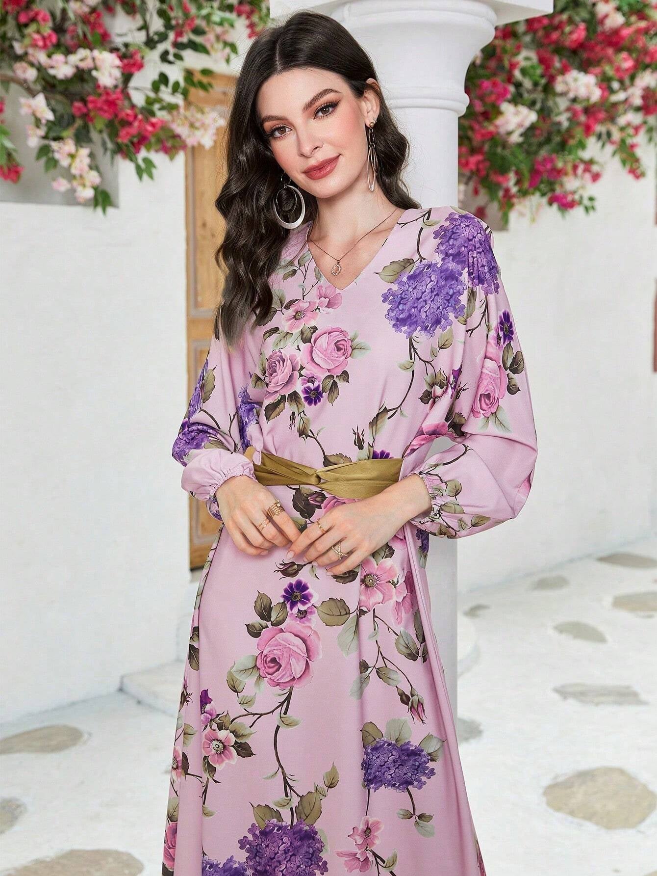 Mulvari Floral Print Lantern Sleeve Dress