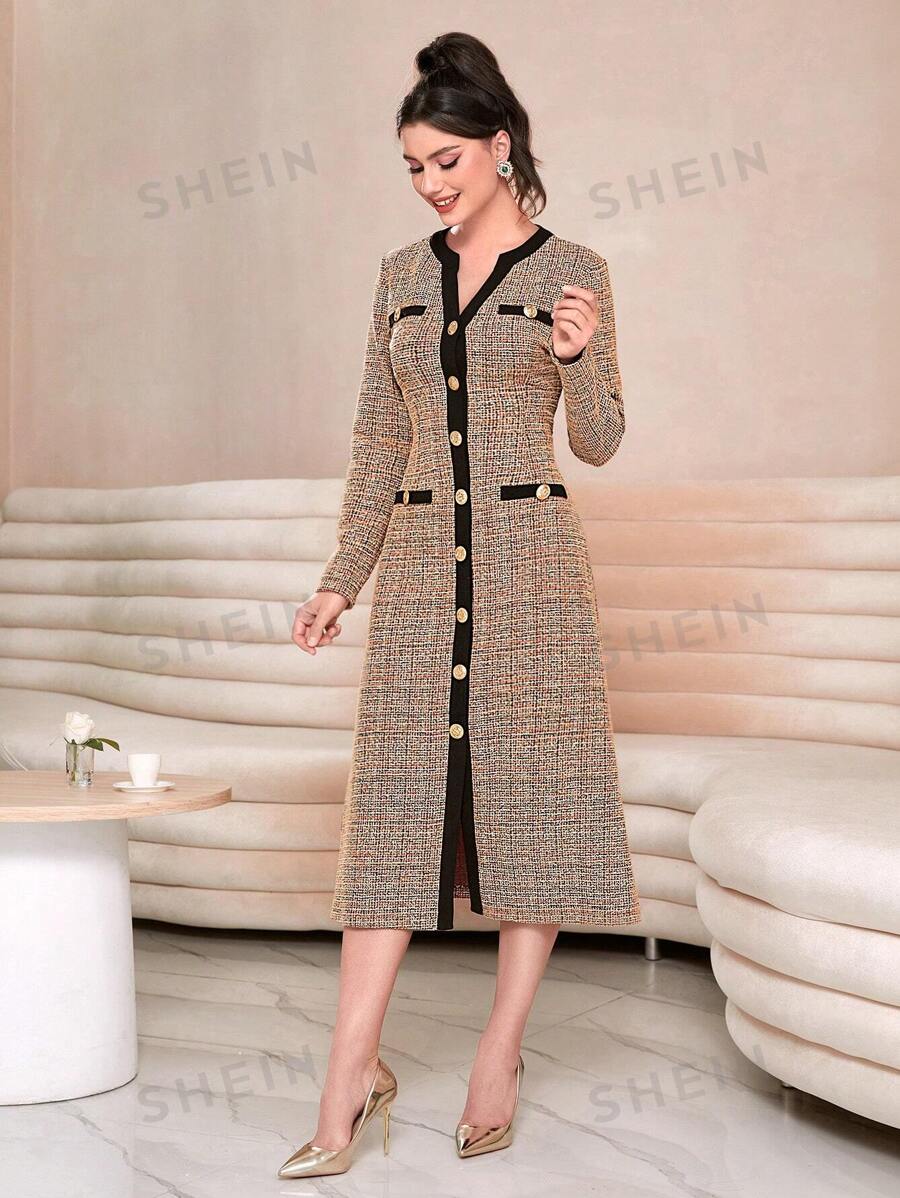SHEIN Modely فستان ألوان متباينة أزرار أمامية