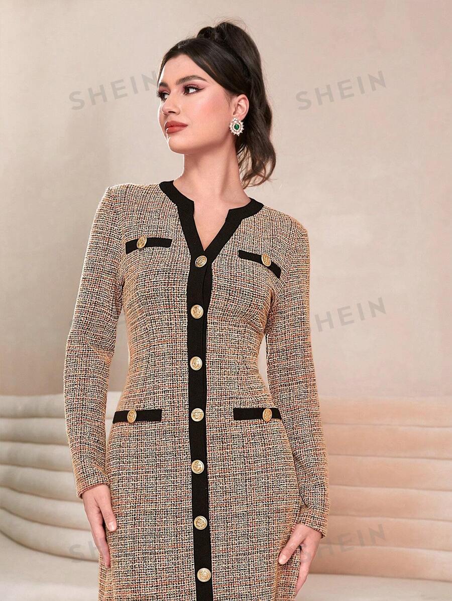 SHEIN Modely فستان ألوان متباينة أزرار أمامية