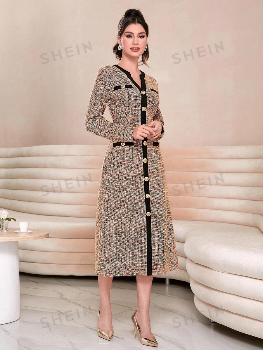 SHEIN Modely فستان ألوان متباينة أزرار أمامية