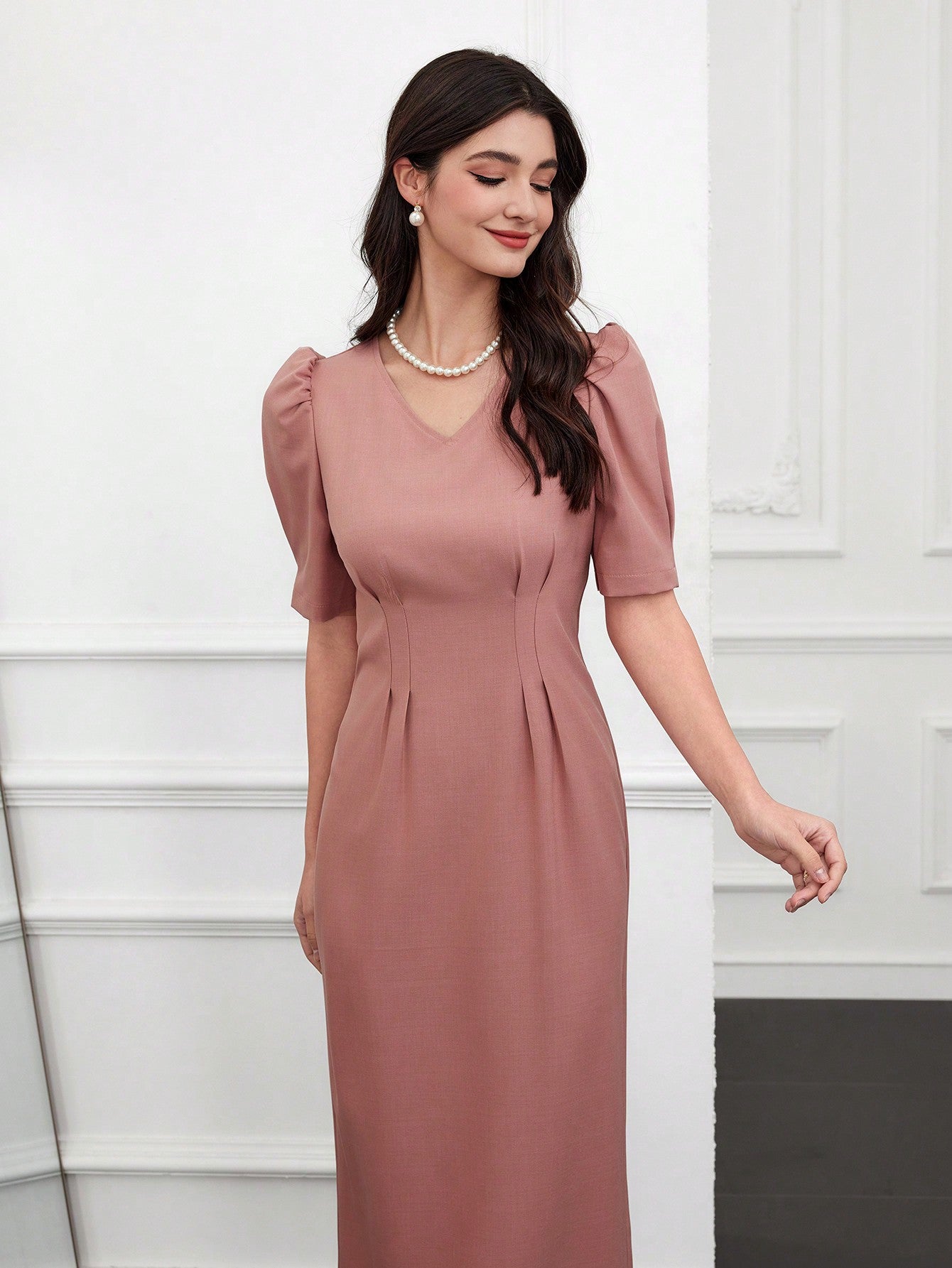 Modely V-Neck Puff Sleeve Dress