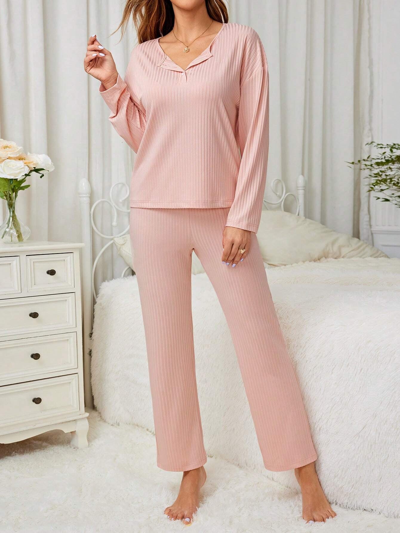 Solid Color Ribbed Long-Sleeved Loungewear Suit