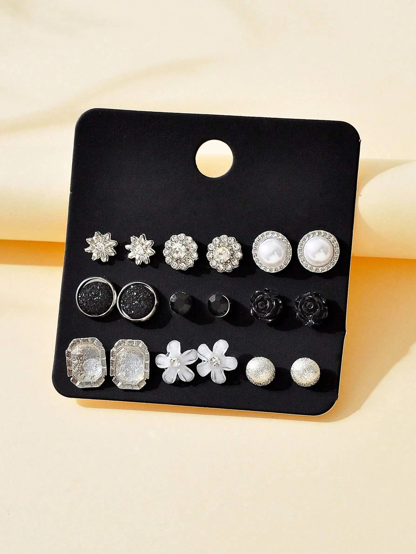 9Pairs/Set Rhinestone & Flower Decor Stud Earrings
