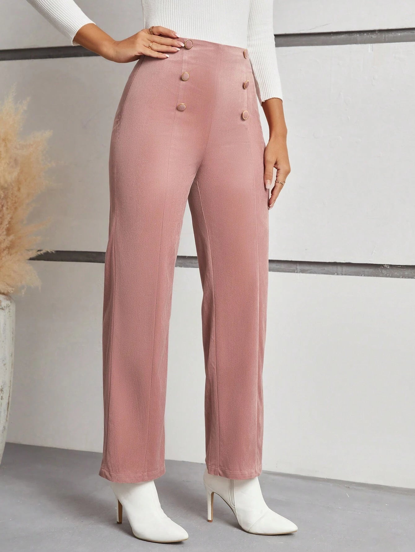 Frenchy High-Waisted Straight Leg Pants with Double Breasted Decoration