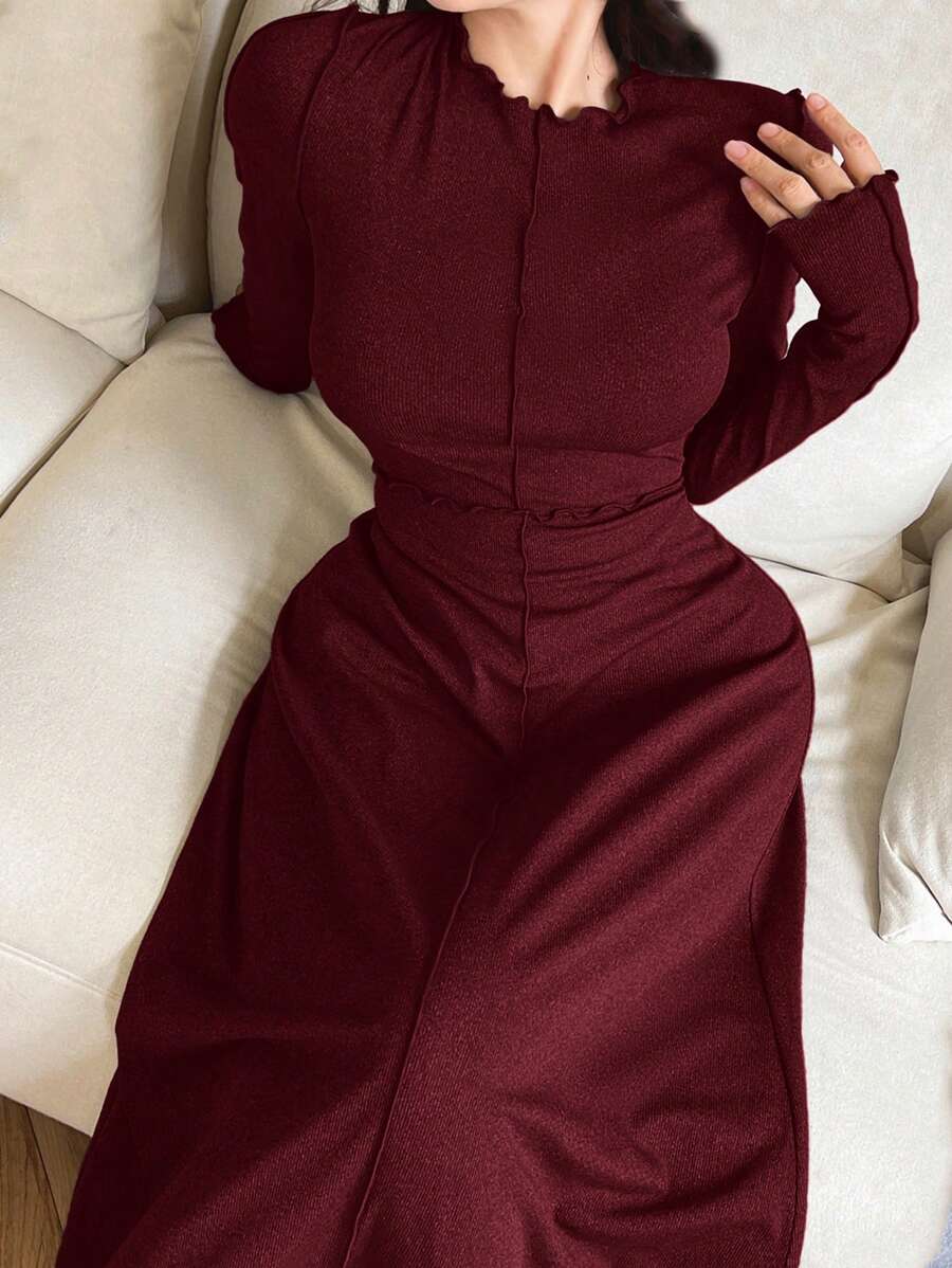 SHEIN Modelyn فستان طويل أكمام باللون العنابي وكشكشة