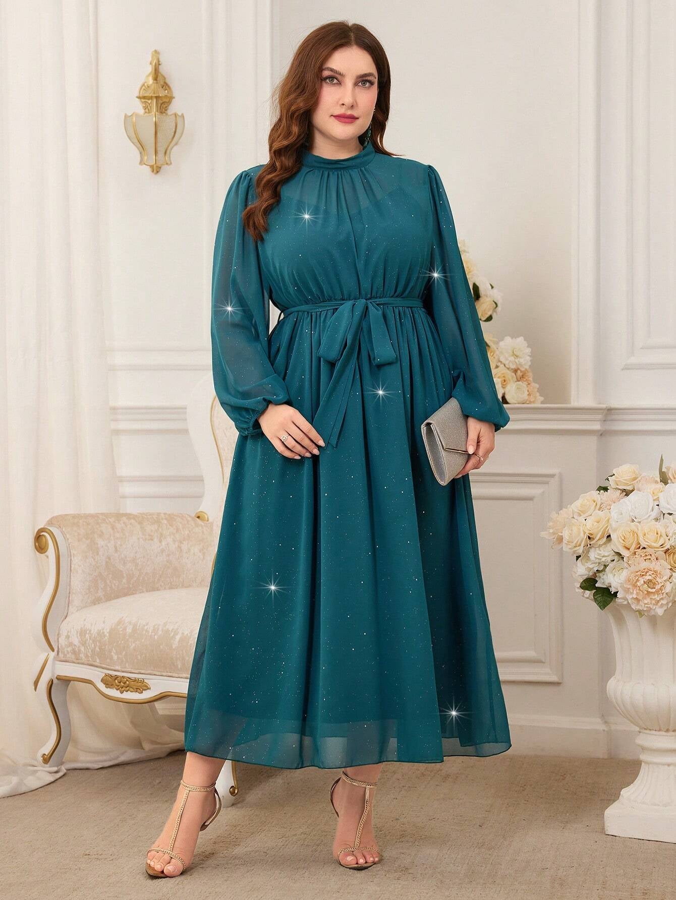 Modely plus Size Stand Collar Lantern Sleeve Dress