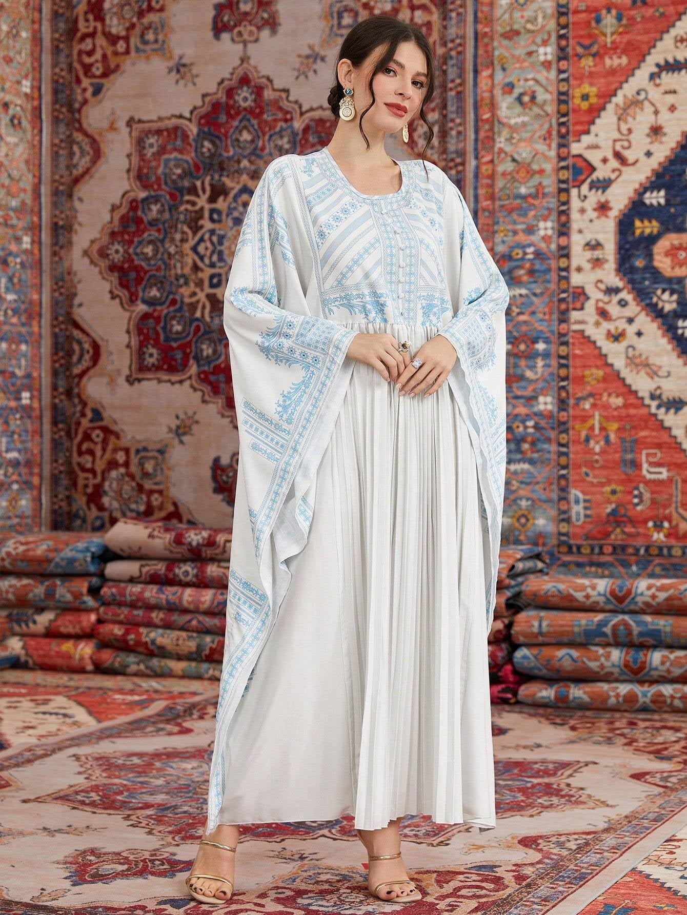 Najma Women'S Loose Fit Kaftan with Contrasting Colors & Printed round Neckline