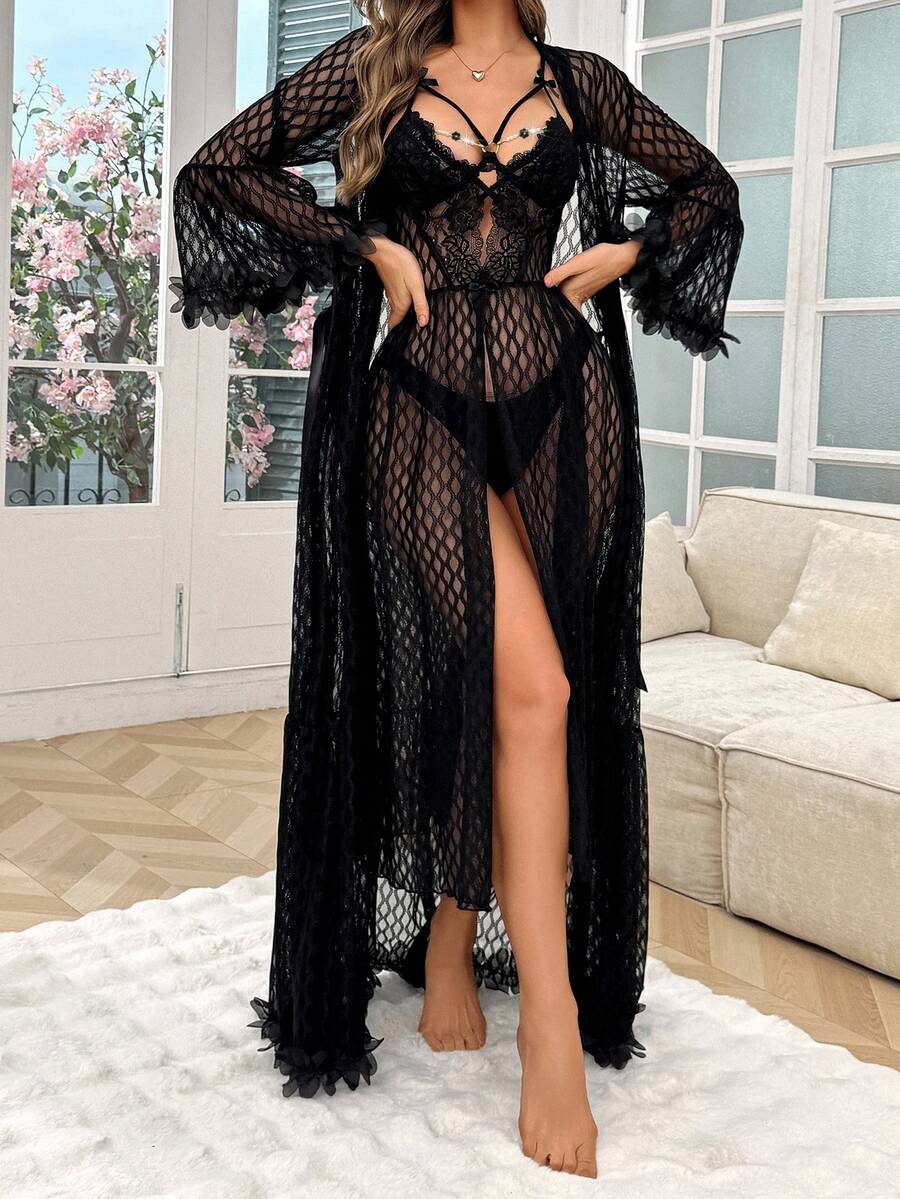SHEIN Slumberist طقم قطعتين روب شبكي مطرز بالزهور وقميص نوم