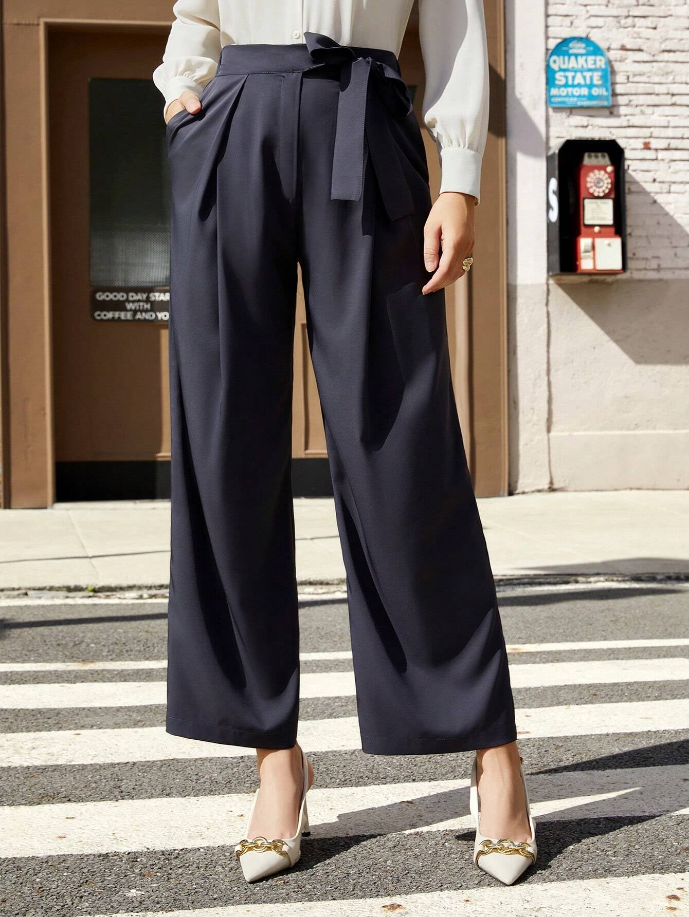Bizwear Women'S Solid Color Pleated Straight Leg Pants
