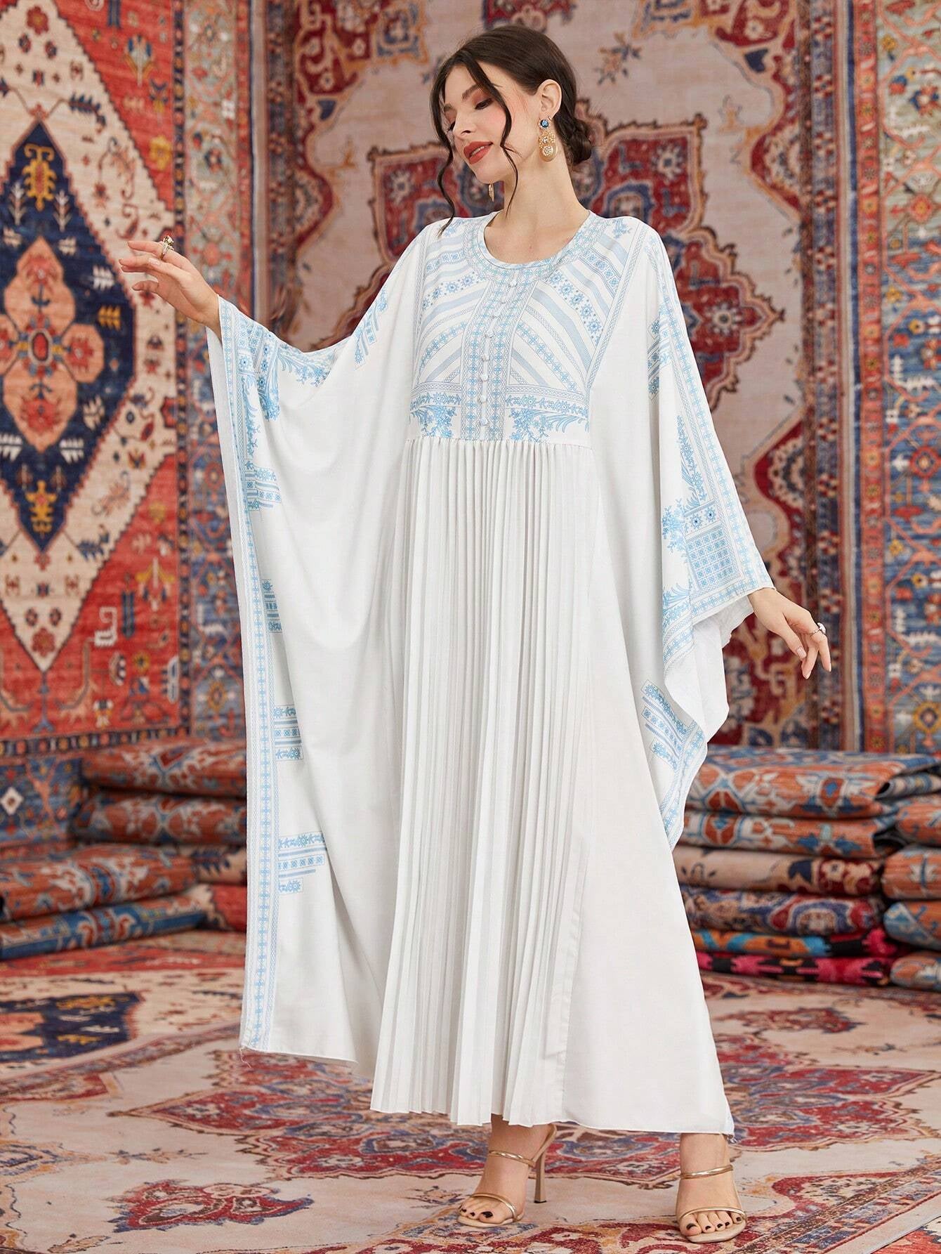 Najma Women'S Loose Fit Kaftan with Contrasting Colors & Printed round Neckline