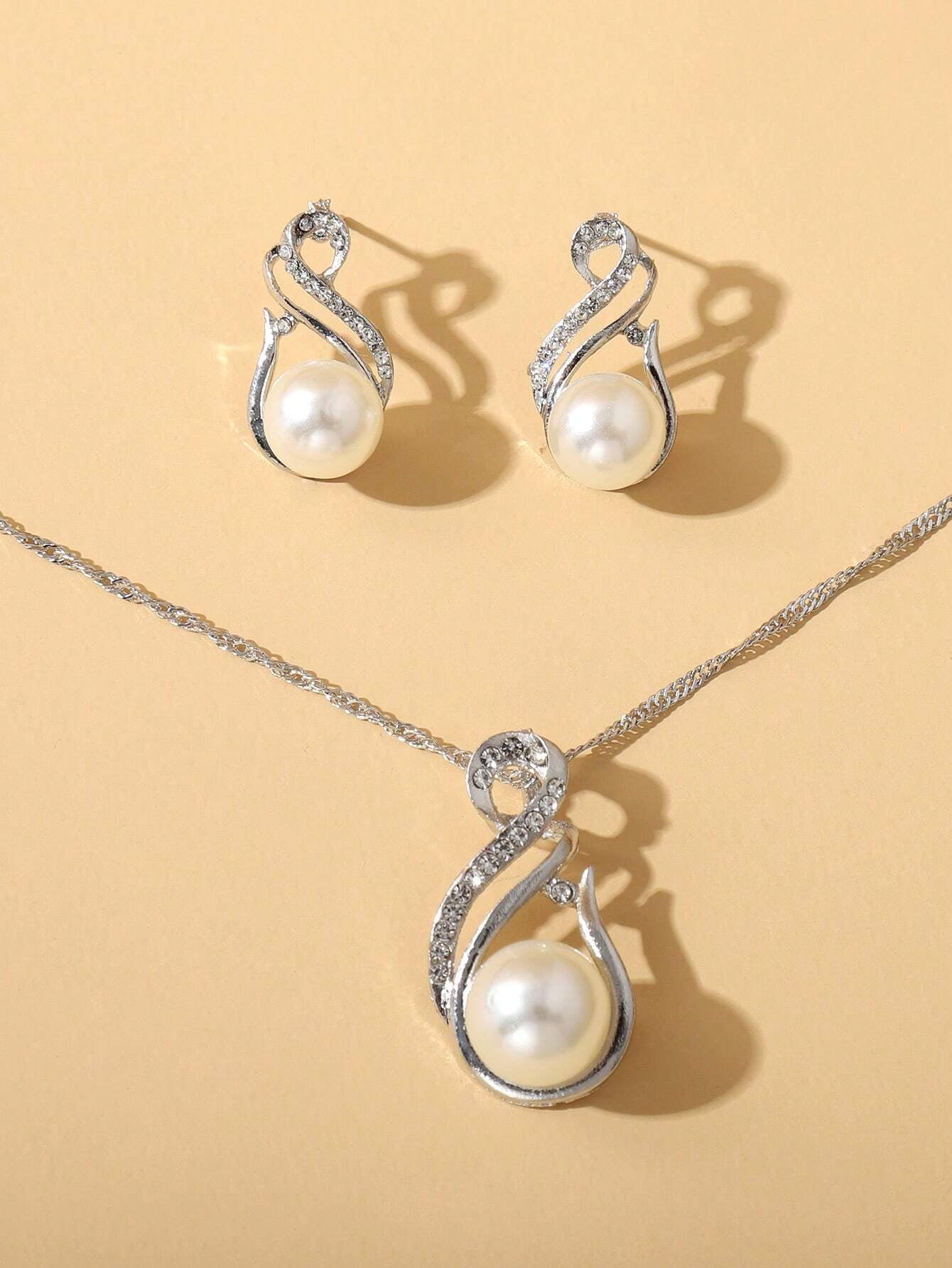 1Pc Charming Water Drop Shaped Rhinestone & Faux Pearl Pendant Necklace and 1Pair Earrings, Birthday/Festival Gift for Women