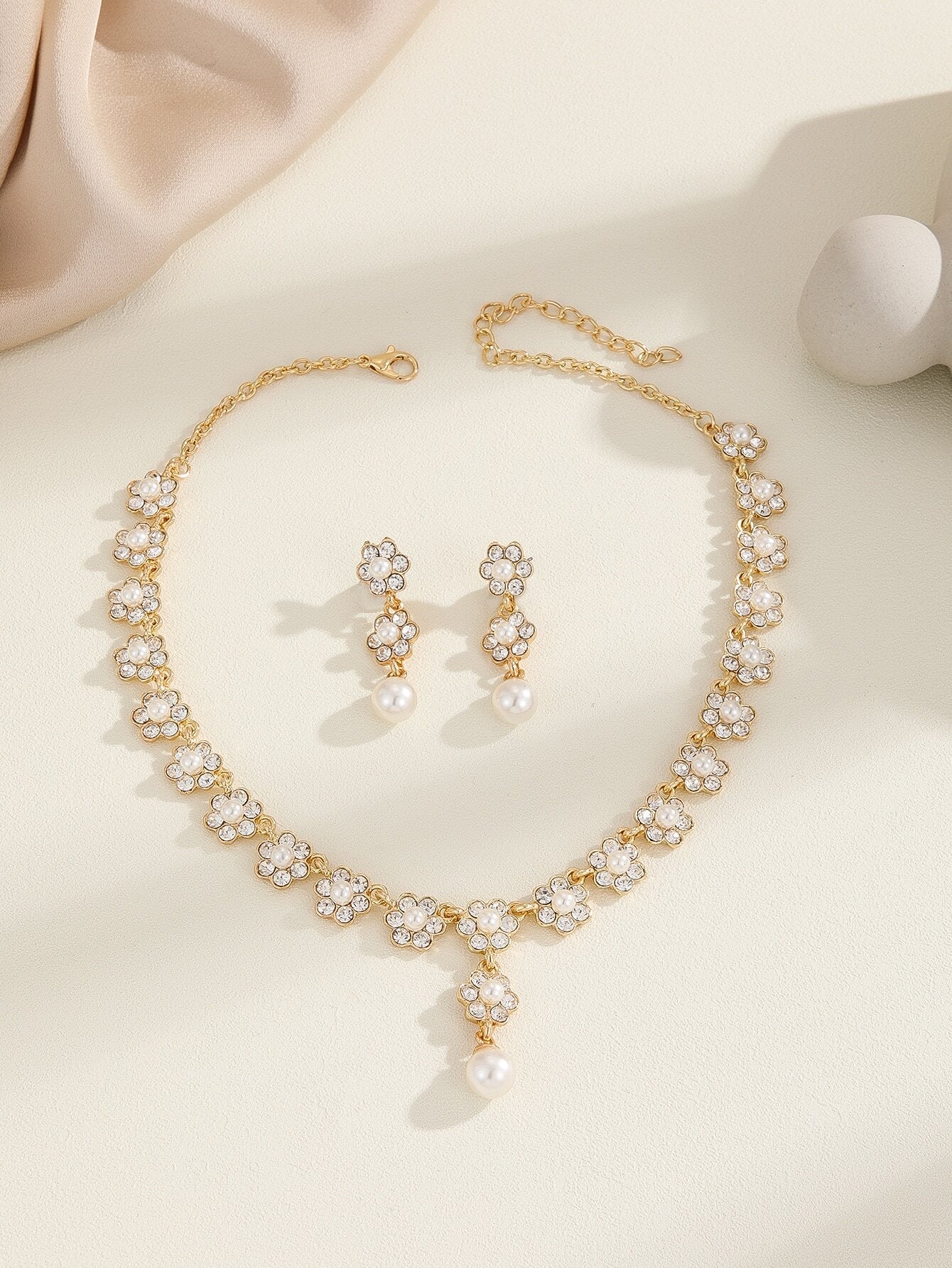 3Pcs/Set Wedding Bridal Jewelry Set with Small Faux Pearl, Crystal Water Drop Earrings and Necklace for Women'S Evening Party Dresses