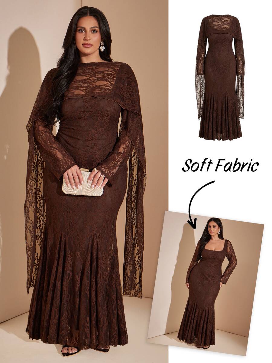 SHEIN BAE CURVE فستان طويل بني للمقاسات الكبيرة بأكمام طويلة