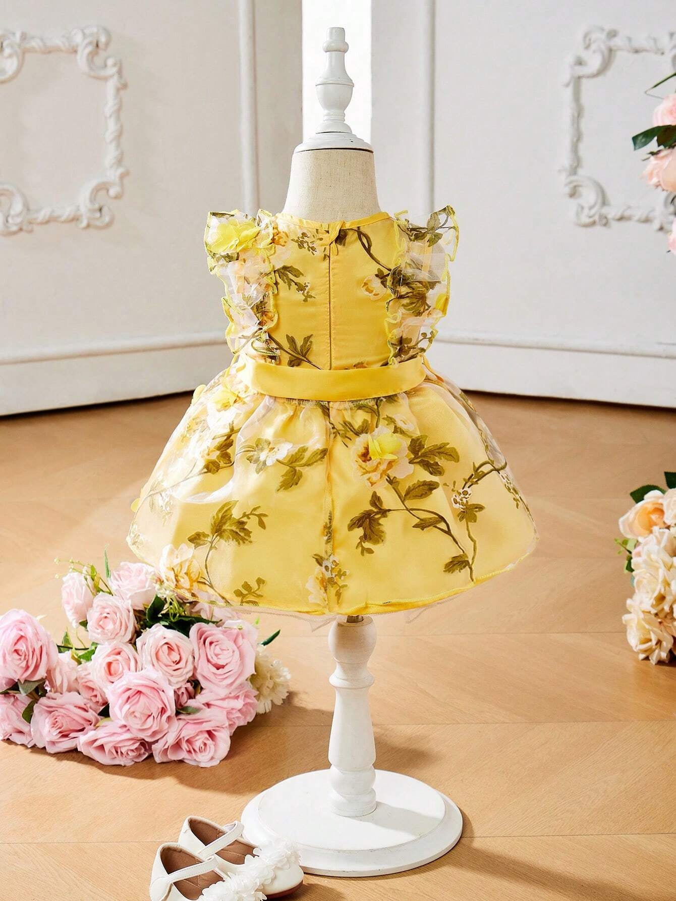 Baby Girls' Organza Floral Print Back Zipper Knot Waist Dress