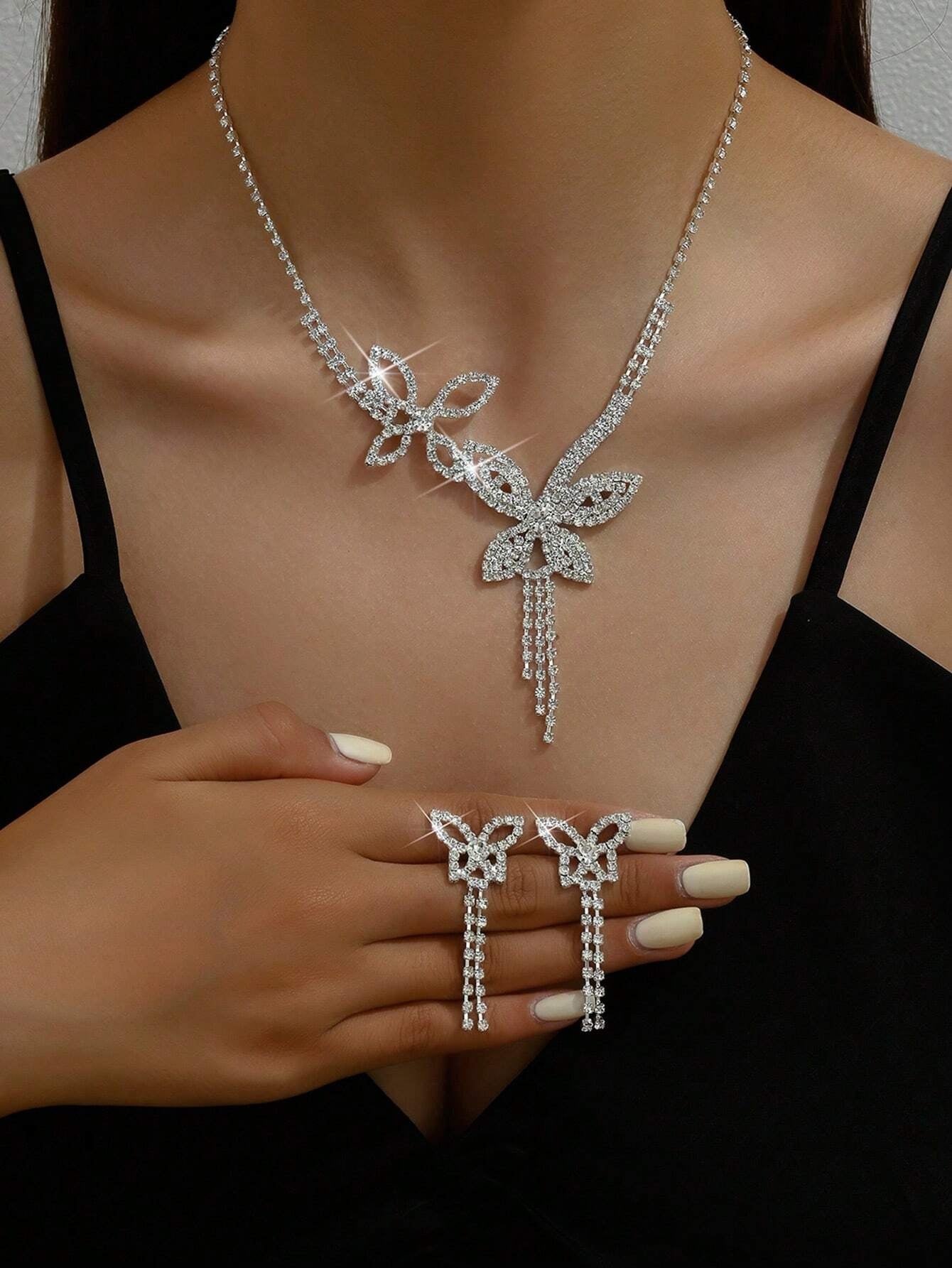 1 Set Bridal Photography Women'S Necklace & Accessories Set Including Silver Earrings, Necklace and Bracelet