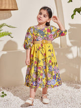 Young Girl Floral Printed V-Neck Puff Sleeve Dress