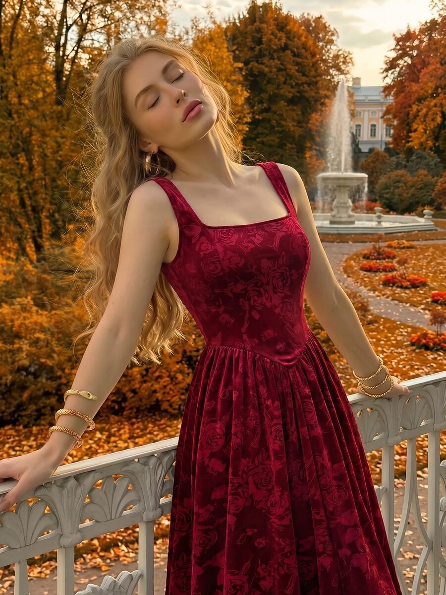 SHEIN MOD فستان مخمل عنابي طويل بياقة مربعة بدون أكمام ومزين بالزهور