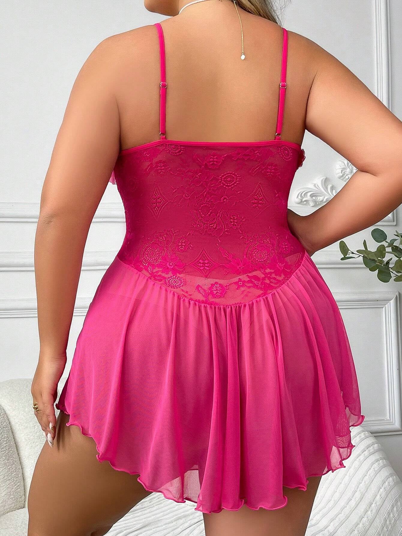 Plus Size 3D Flower Decorated Lace Trim Asymmetrical Hem Cami Slip Dress