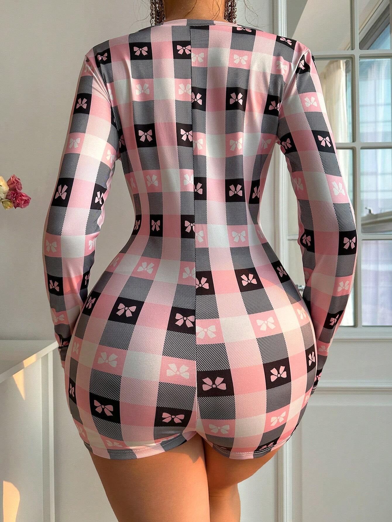 Women'S Plaid Bow Print Pajama Romper