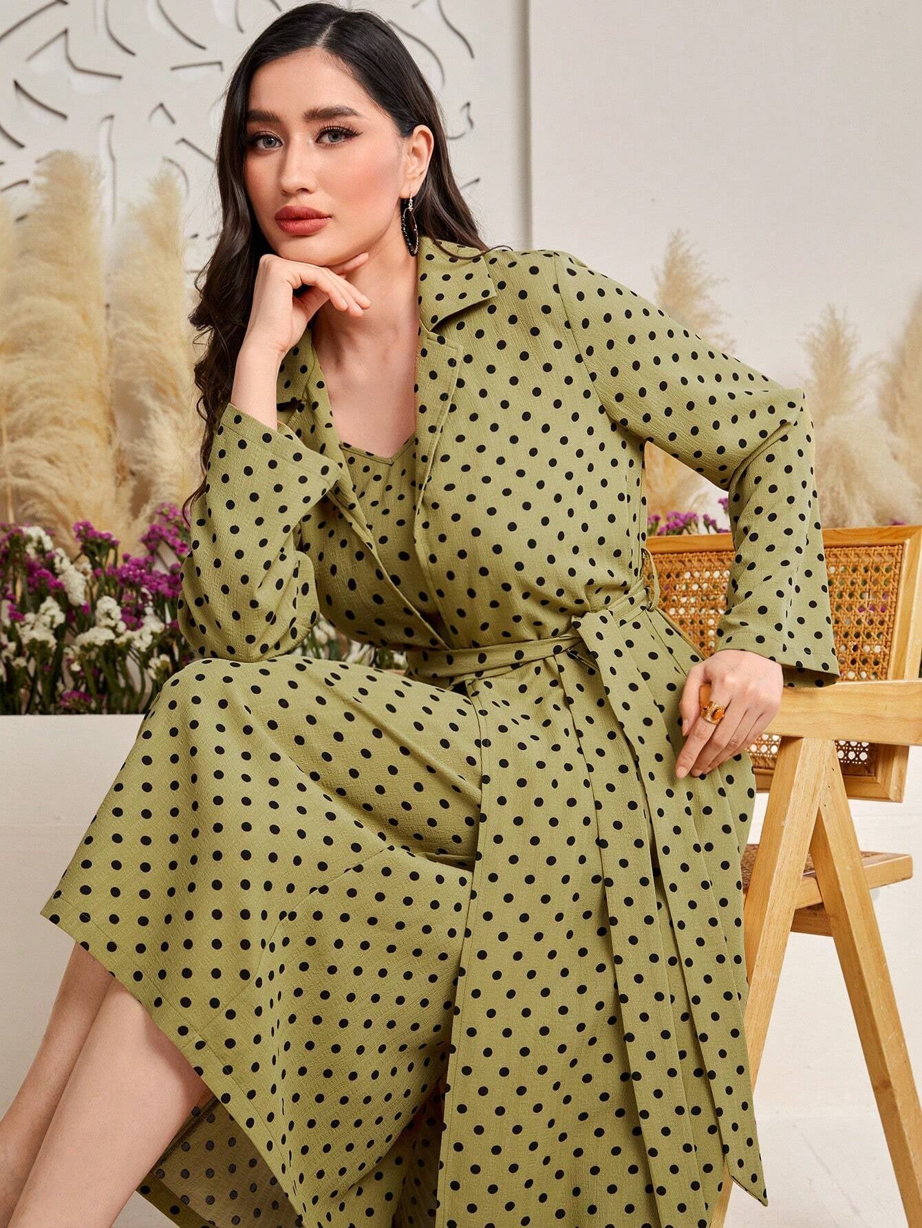 Mulvari Women'S Polka Dot Printed Long Sleeve Jacket and Cami Dress Suit