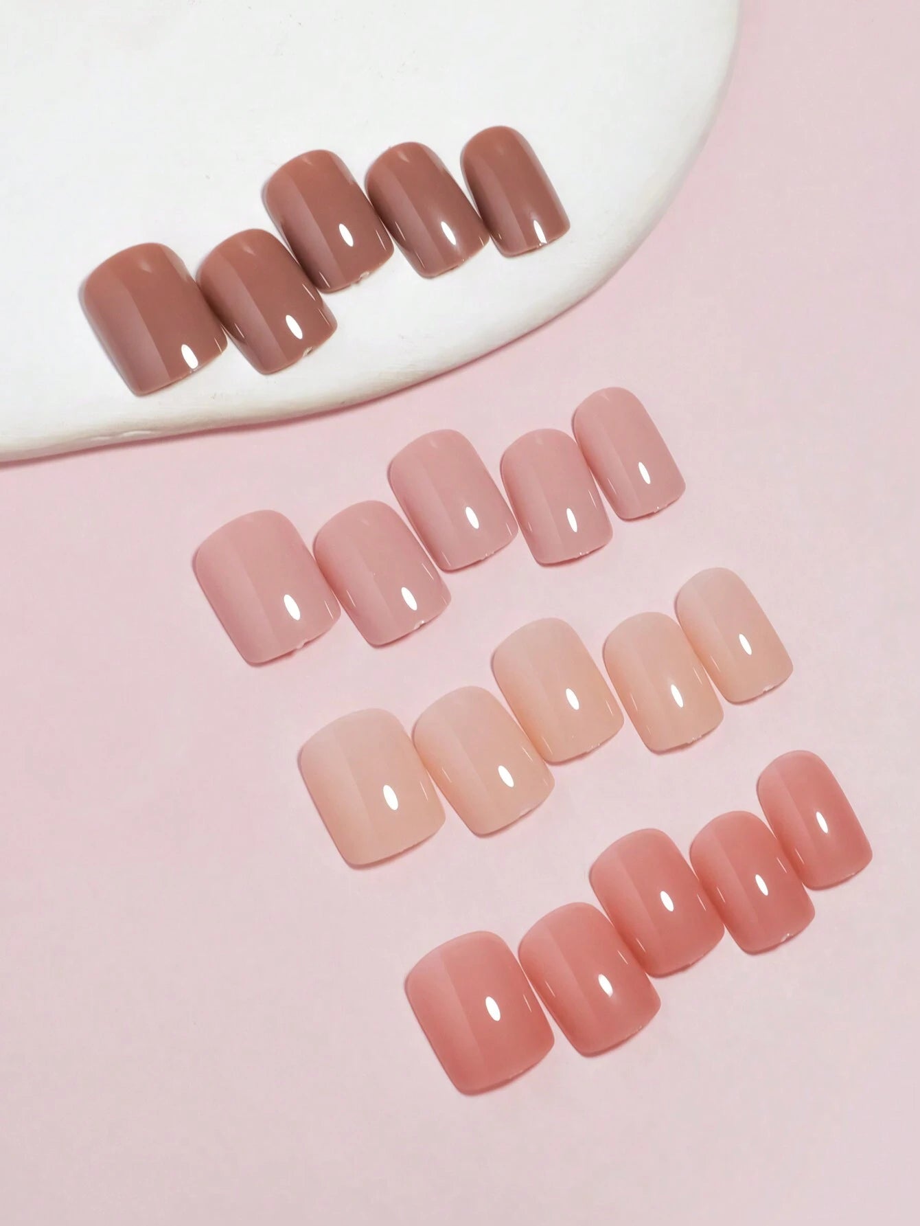 96Pcs(Dark Nude/Nude/Cream/Shrimp Pink-4Colors) Medium Square Press on Nails Acrylic Short Fake Nails Full Cover Solid Colors Designs Shiny Glue on Nails False Nail as Gift for Women and Girls with Storage Box