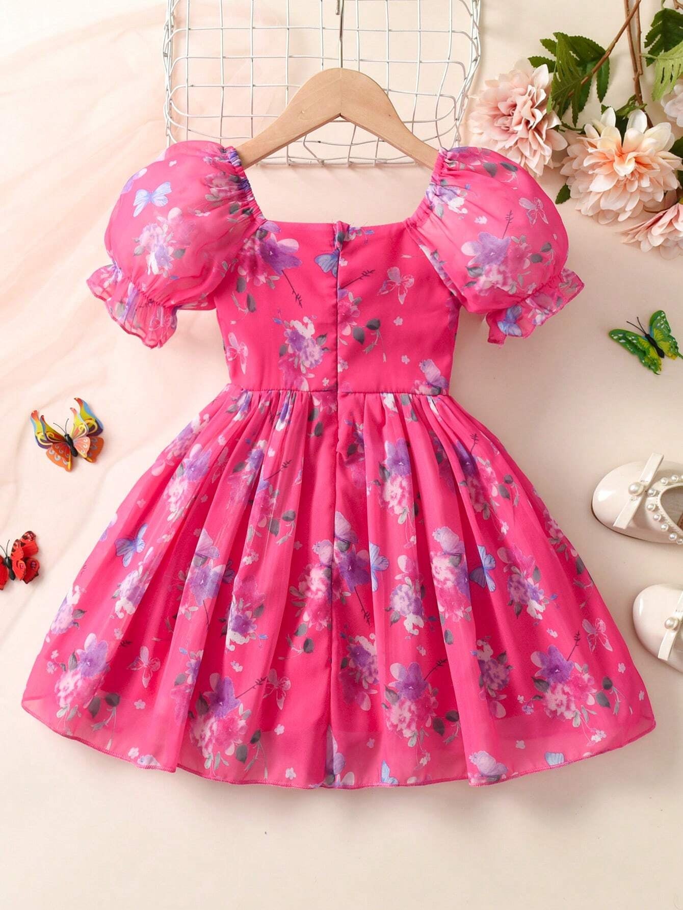 Young Girl'S Floral Printed Puff Sleeve Dress