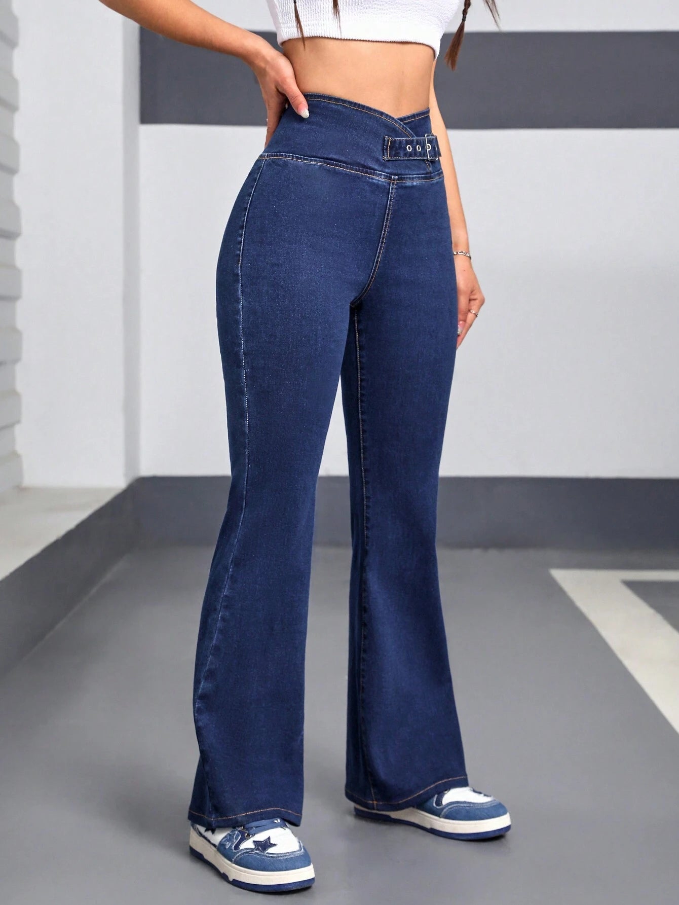 Ezwear Women'S High Waist Cross Knot Design Flared Jeans with Metallic Eyelets