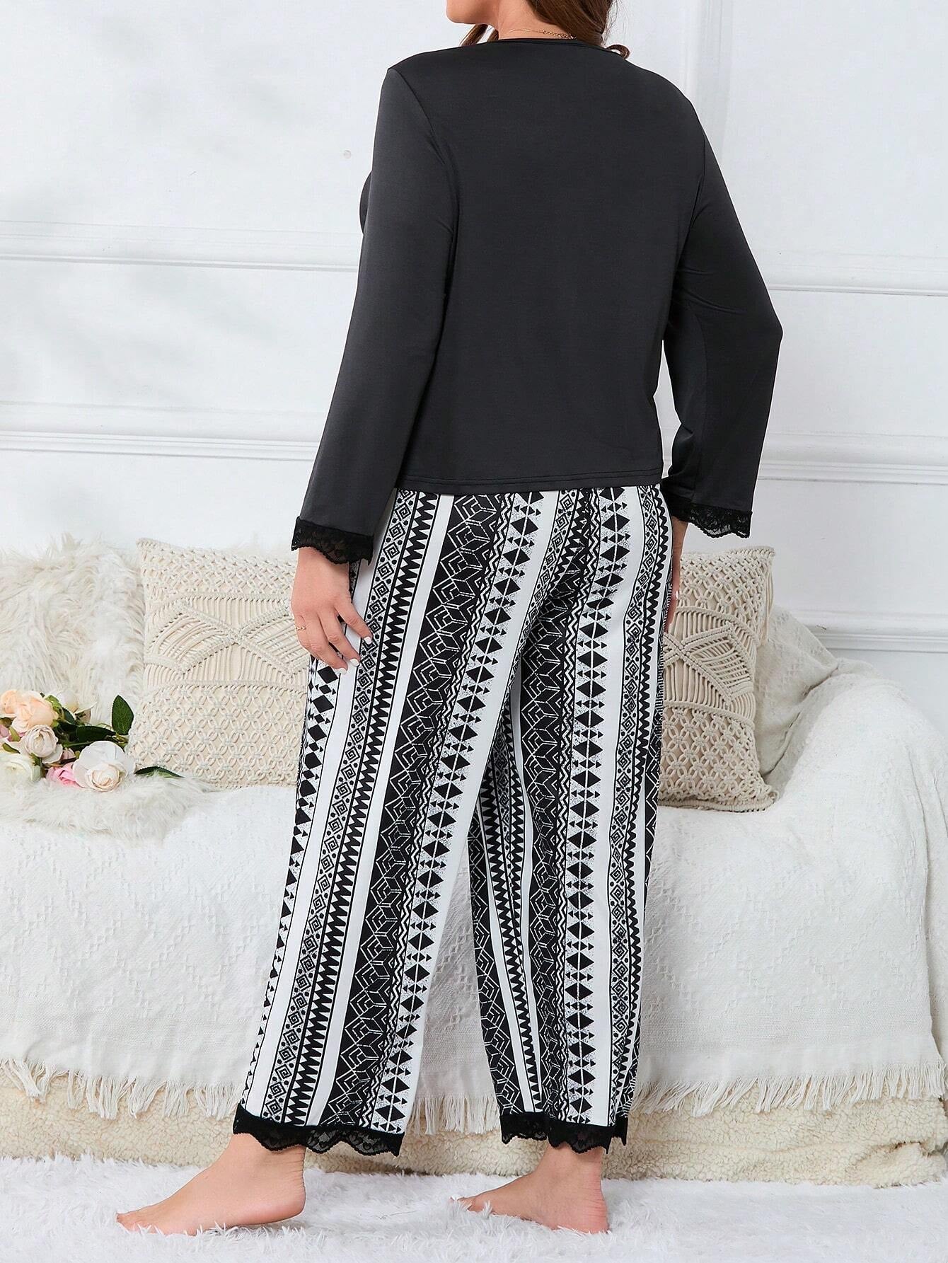 Plus Geo Print Contrast Lace PJ Set