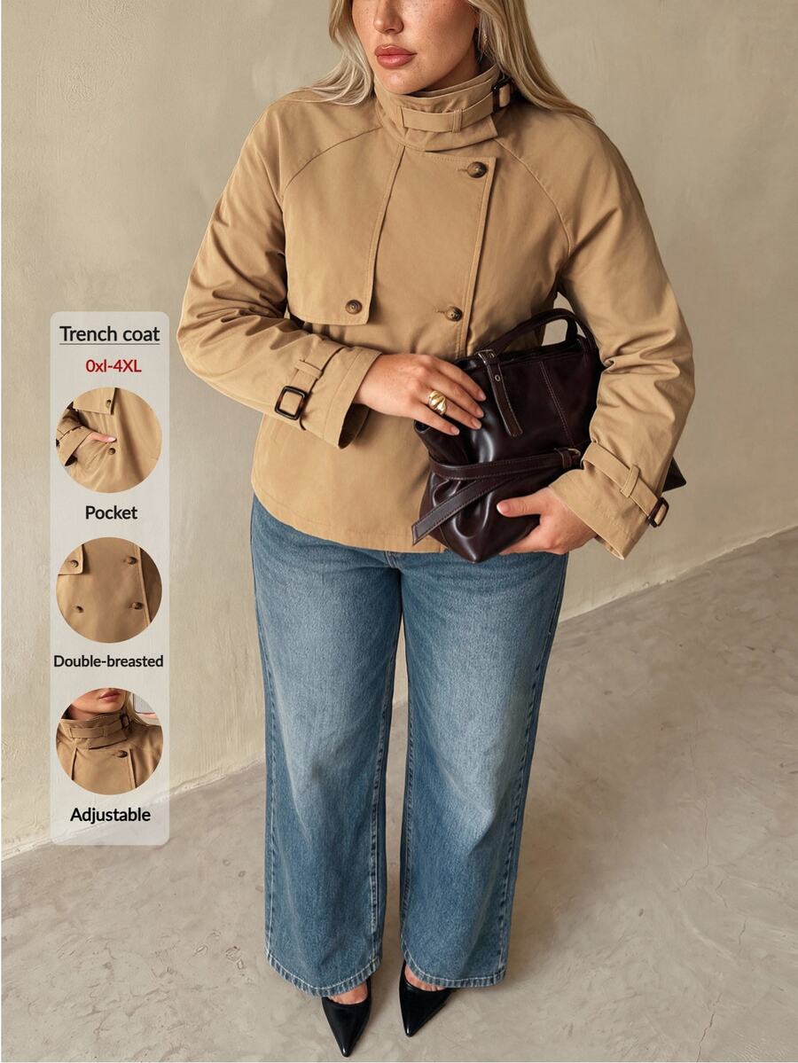SHEIN Auralis معطف ترنش للمقاسات الكبيرة مزدوج الصدر بياقة واقفة وأكمام طويلة