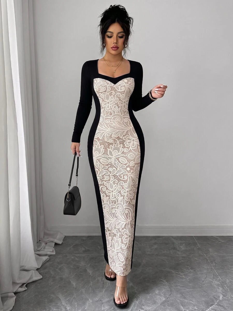 SHEIN Elenzga فستان أسود مطبوع برقعات دانتيل وأكمام طويلة