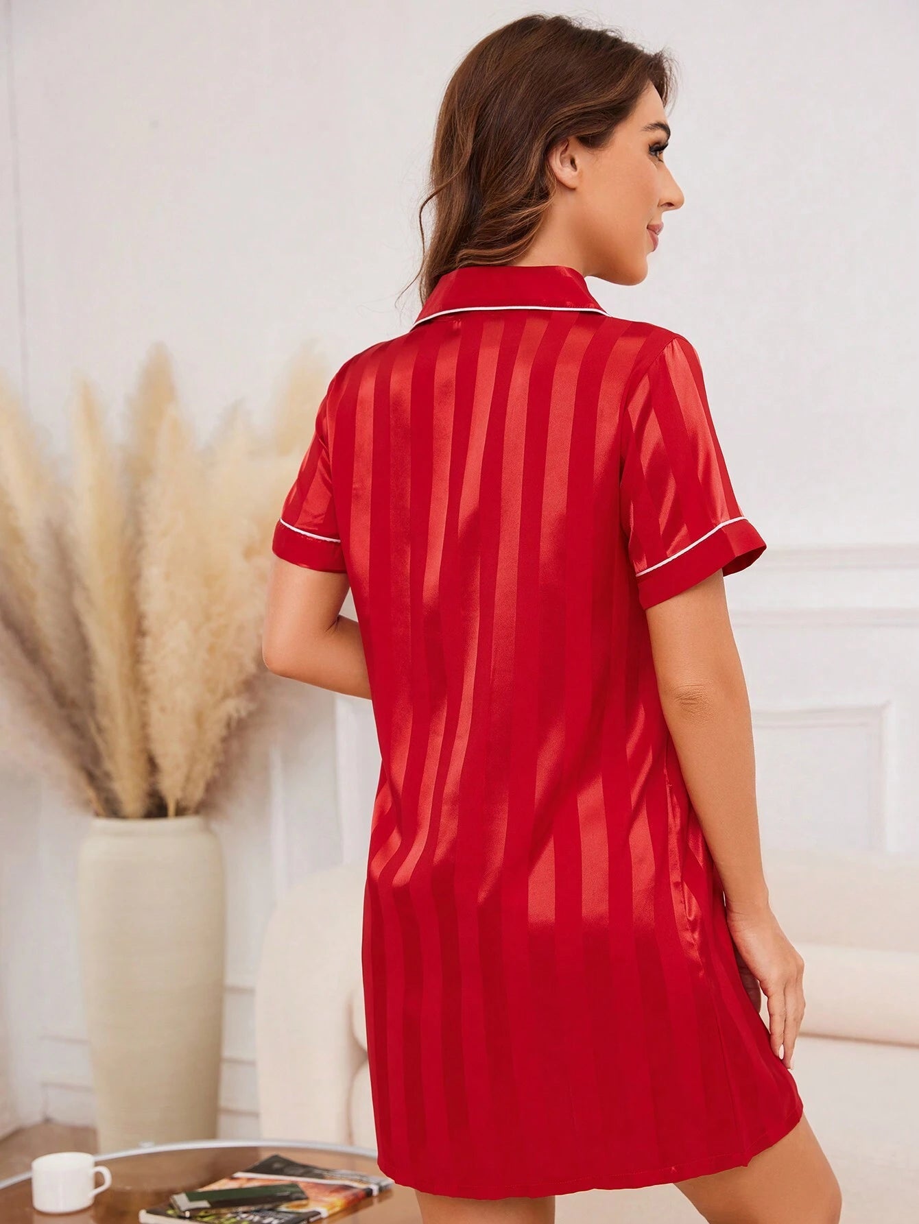 Women'S Summer Striped Short Sleeve Casual Shirt Dress, Home Wear