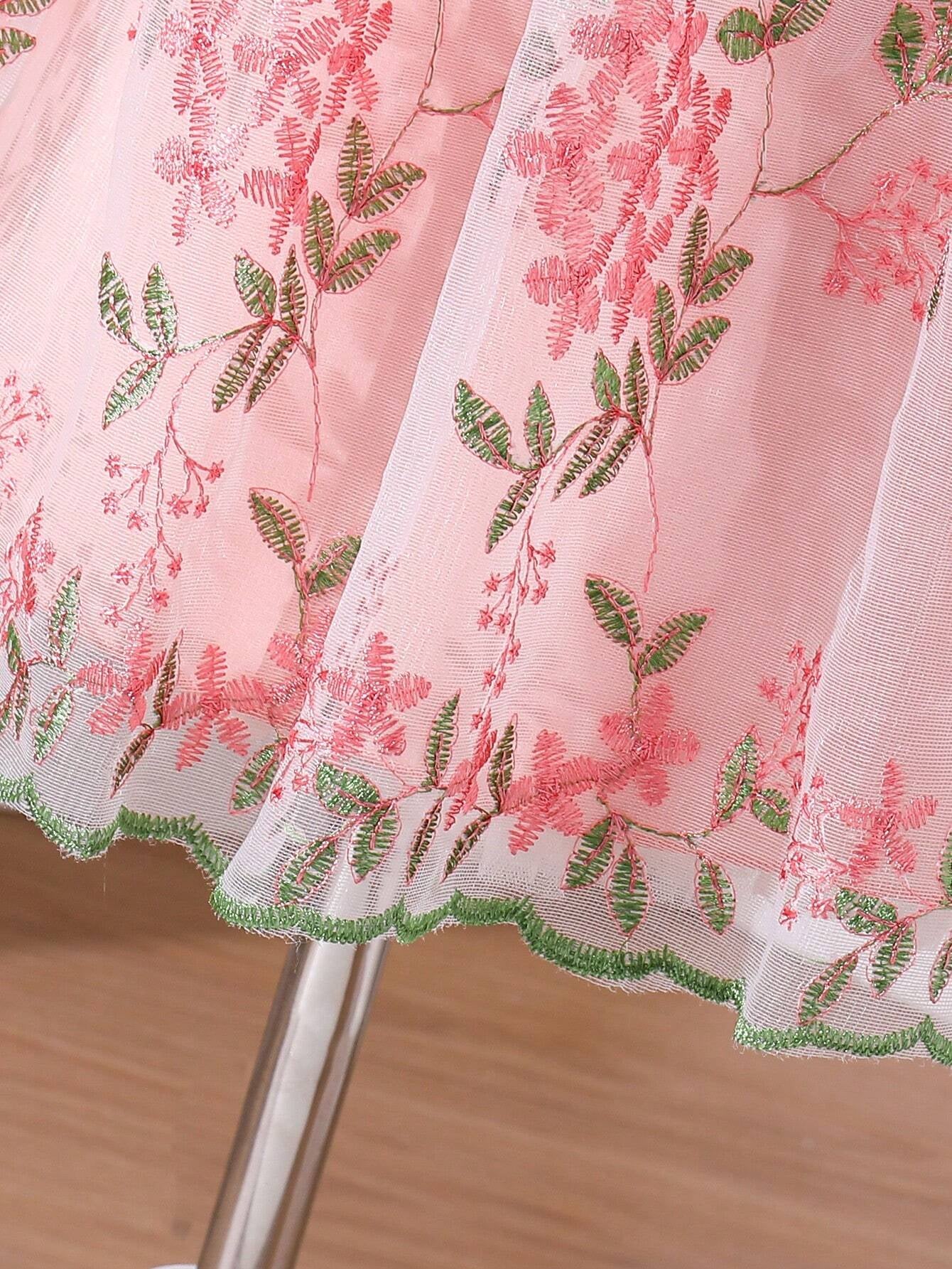 Young Girls' Elegant Princess Dresses, Flower Embroidered Tulle Dress with Puffy Sleeves for Wedding/Birthday/Party/Holiday, Sweet Pink Summer Clothes