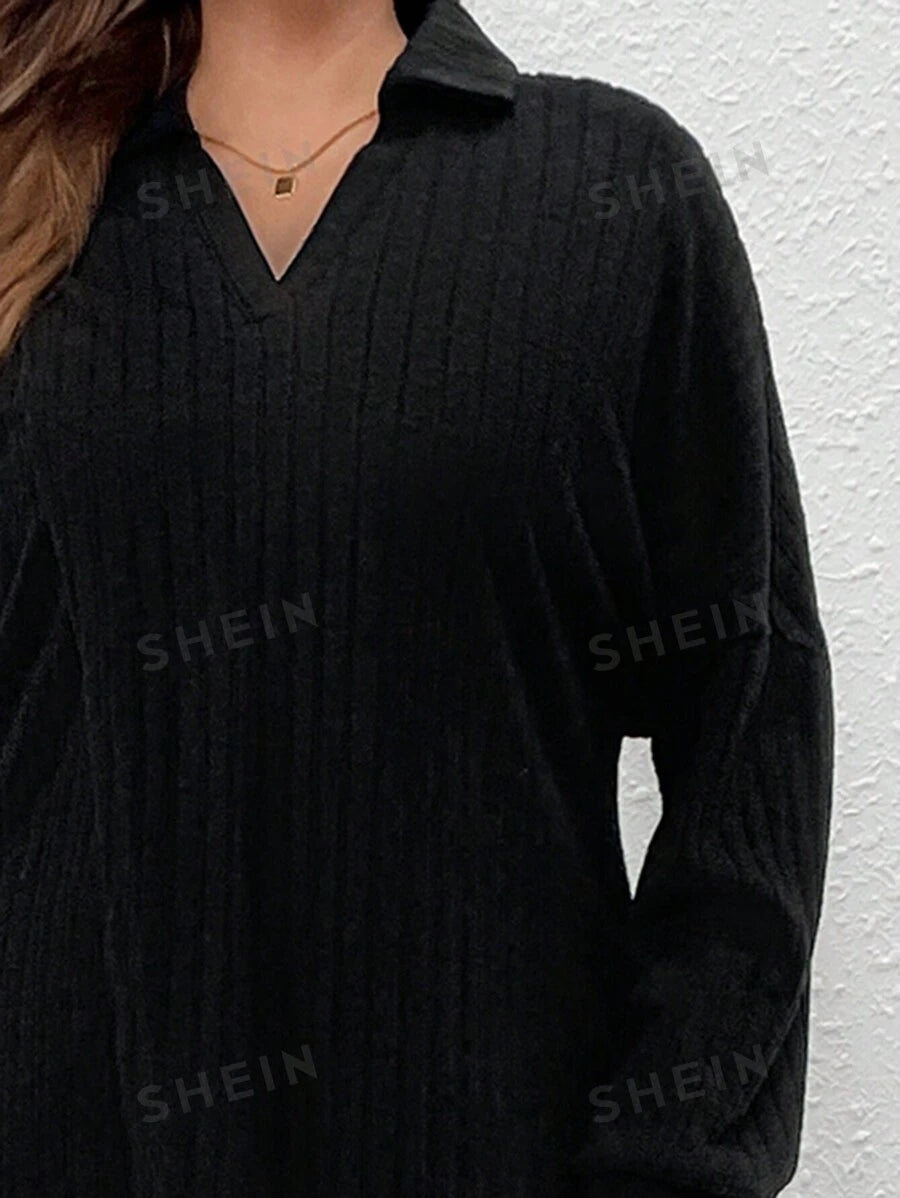 SHEIN LUNE فستان مضلع بجيب وياقة مقلوبة للنساء مقاس كبير