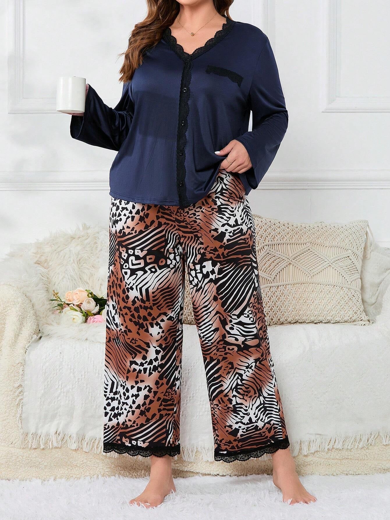 Plus Patchwork Print Contrast Lace PJ Set