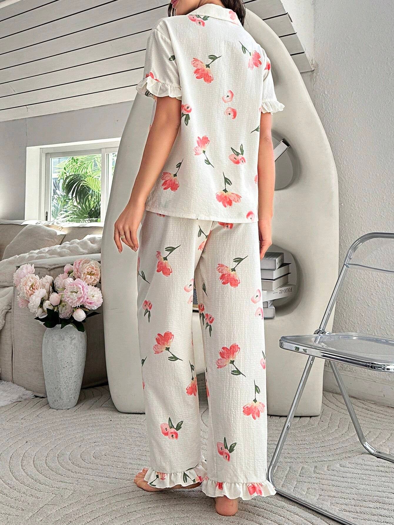Women'S Flower Pattern Printed Ruffle Hem Decorated Pajama Set