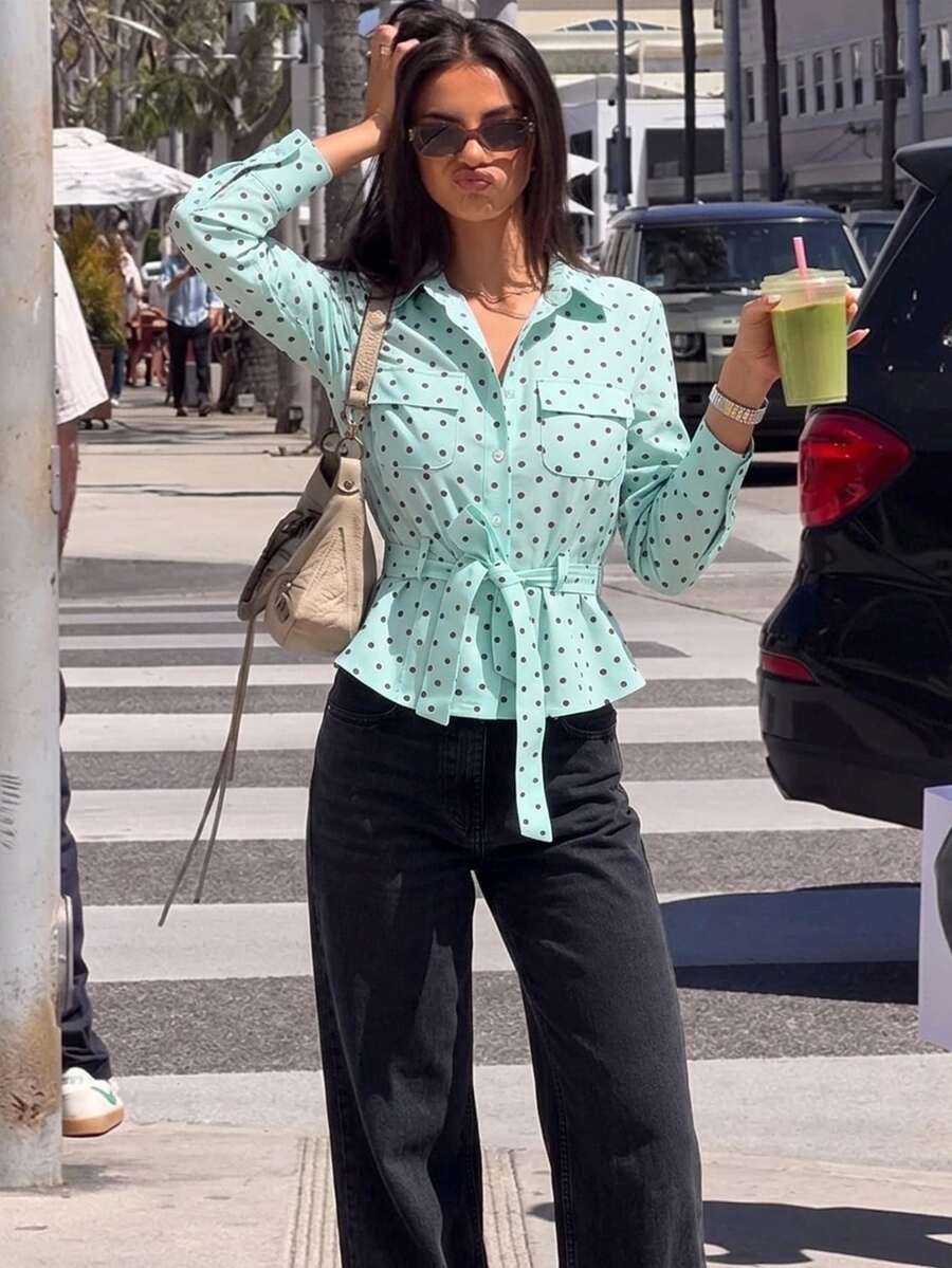 SHEIN Siren Gaze معطف ترنش نسائي قصير بلون أخضر نعناعي بياقة عالية وحزام