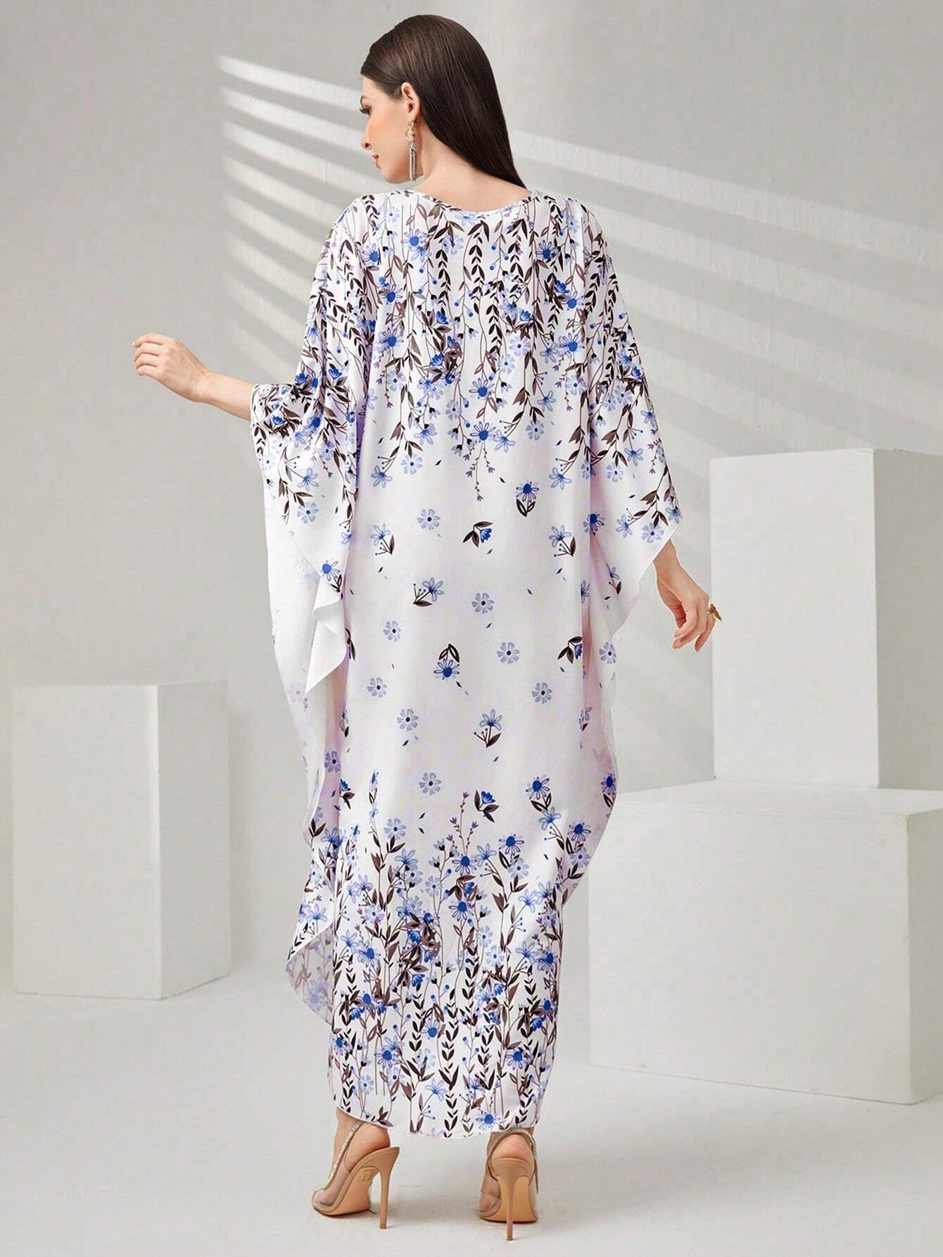 Najma Women'S Floral Print Batwing Sleeve Turkish Long Shirt