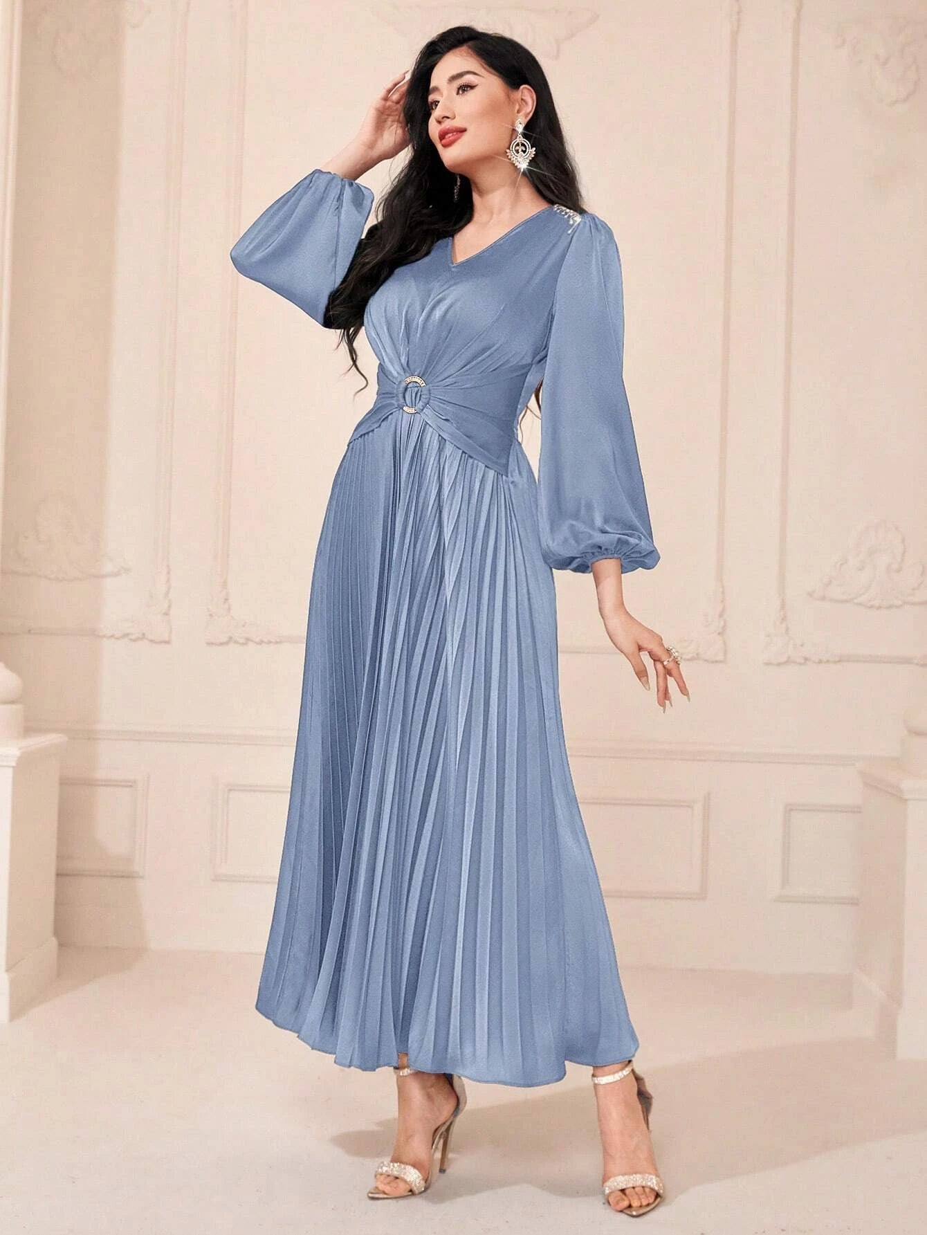 Modely Lantern Sleeve Pleated Hem Dress