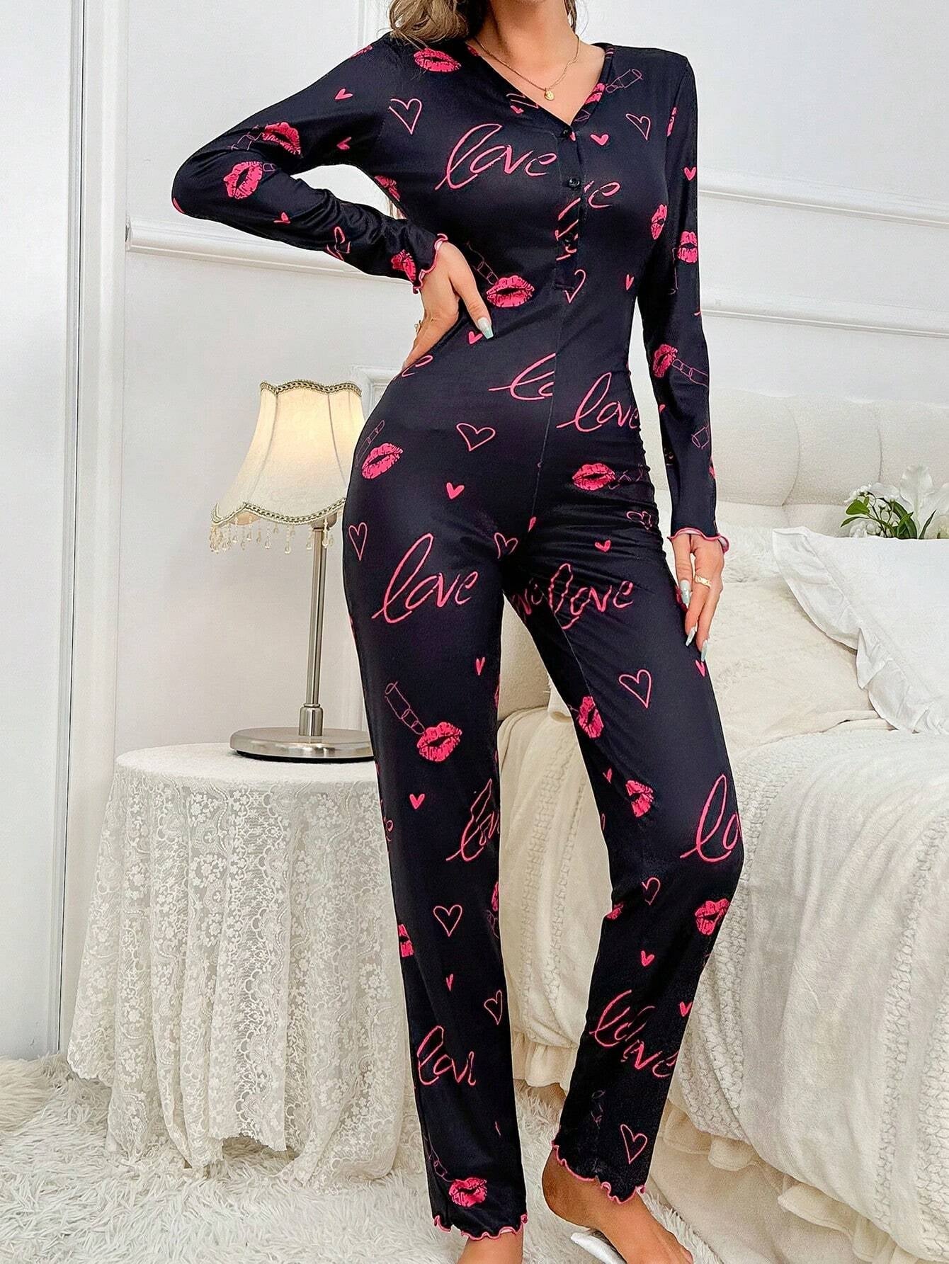 Koala & Heart Print Half Button Lettuce Trim Sleep Jumpsuit