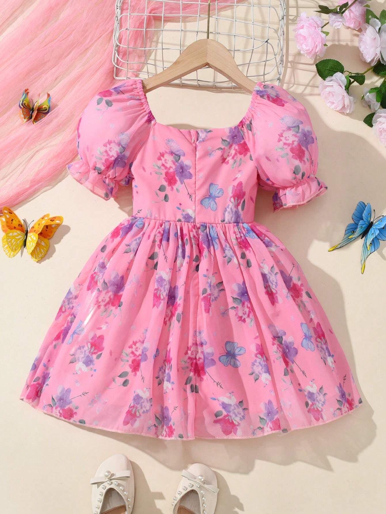 Young Girl'S Floral Printed Puff Sleeve Dress