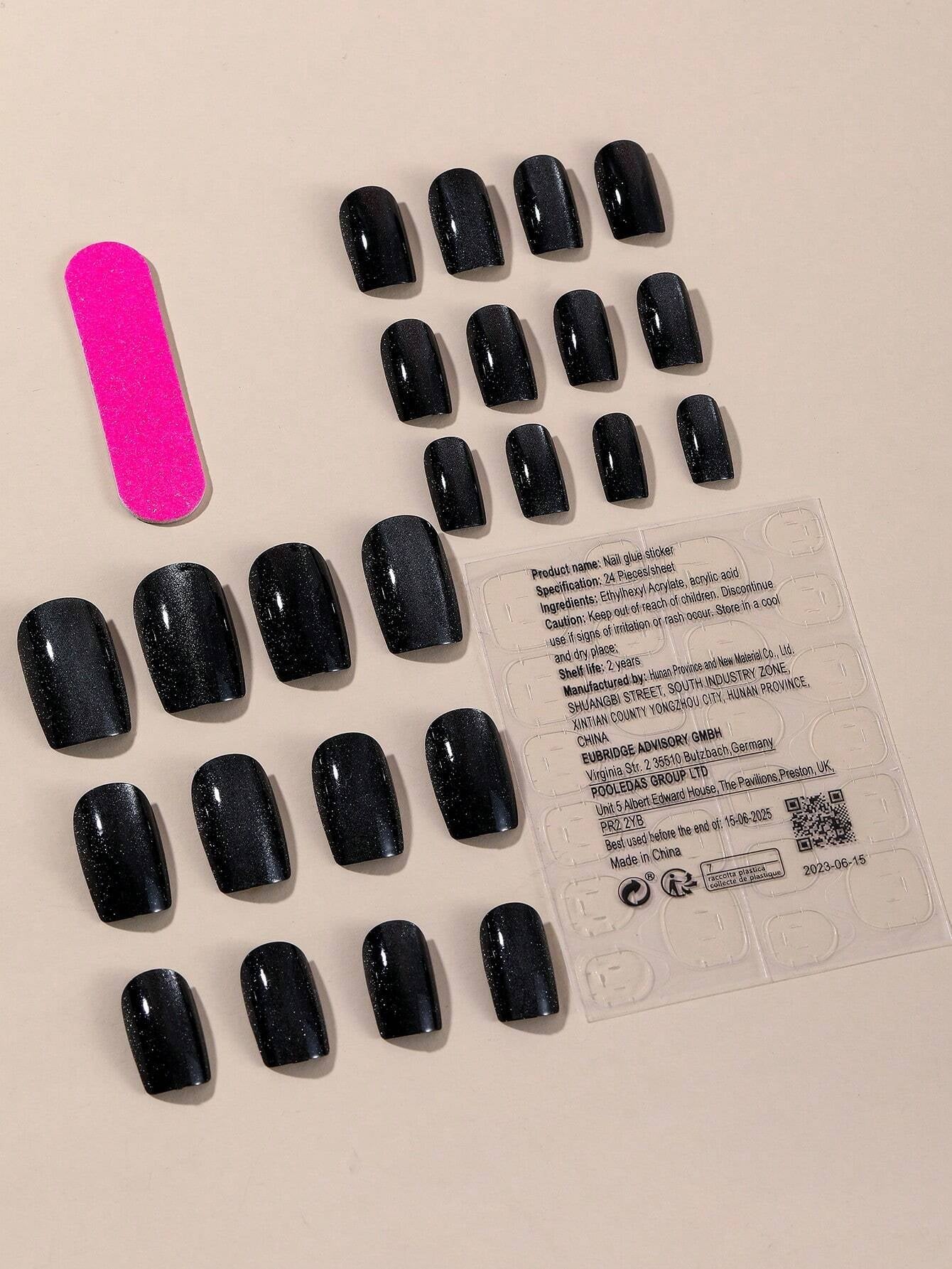 24Pcs Black Crystal Cat Eye Nails Square Glitter False Nails Full Coverage Acrylic Pressed False Nails Suitable for Daily Wear at Women'S Parties