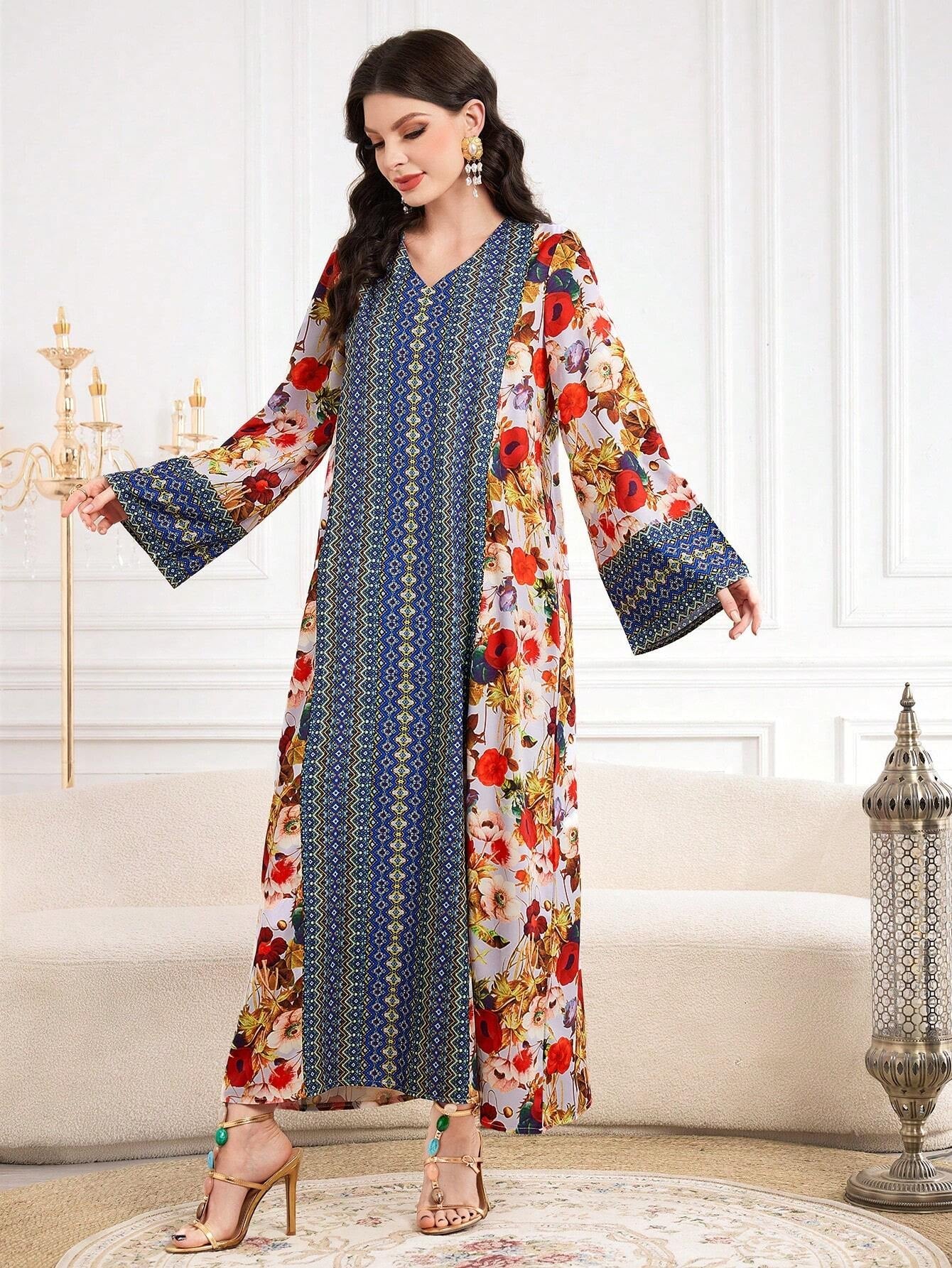 Najma Floral Print V Neck Flounce Sleeve Dress