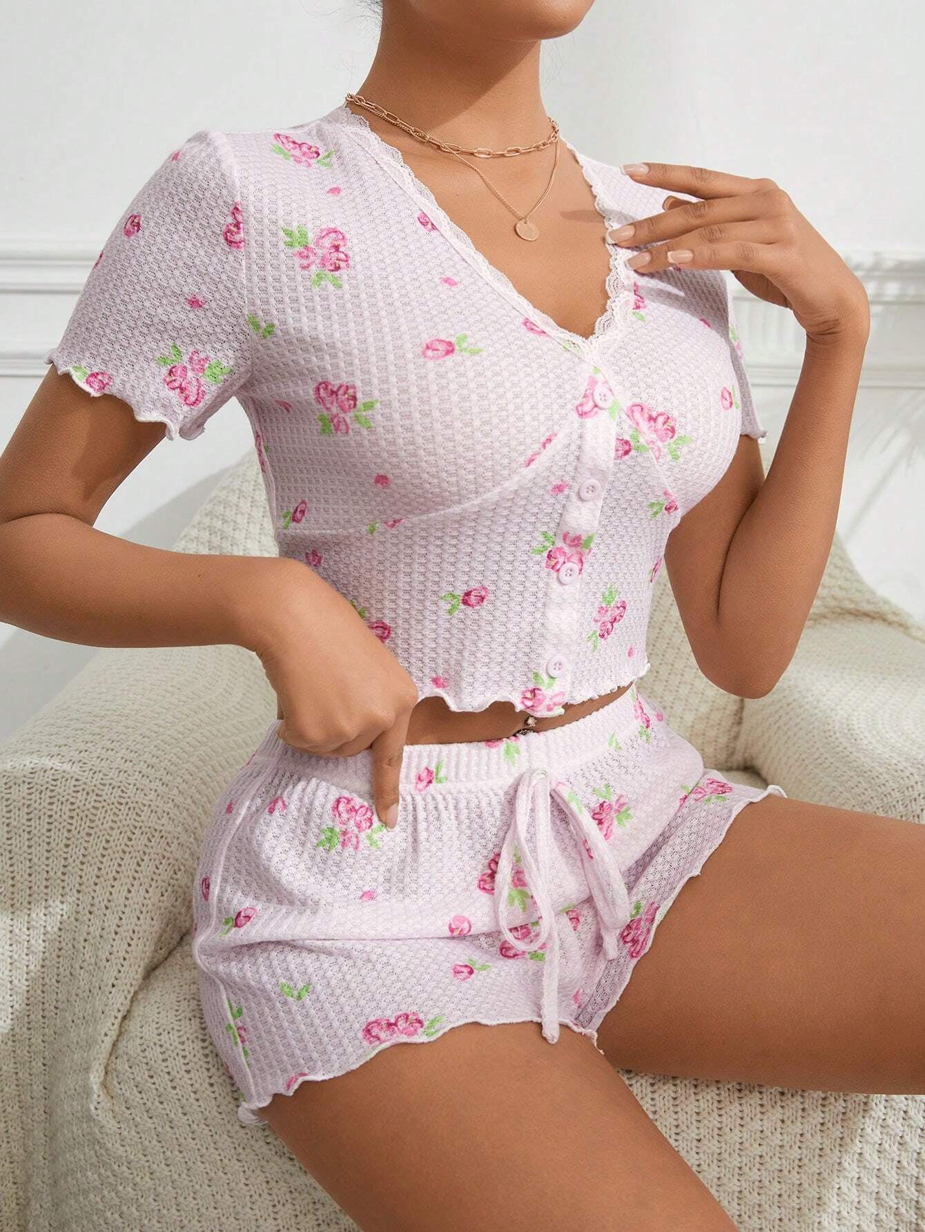 Lace Trim Floral Print Top and Shorts Pajama Set