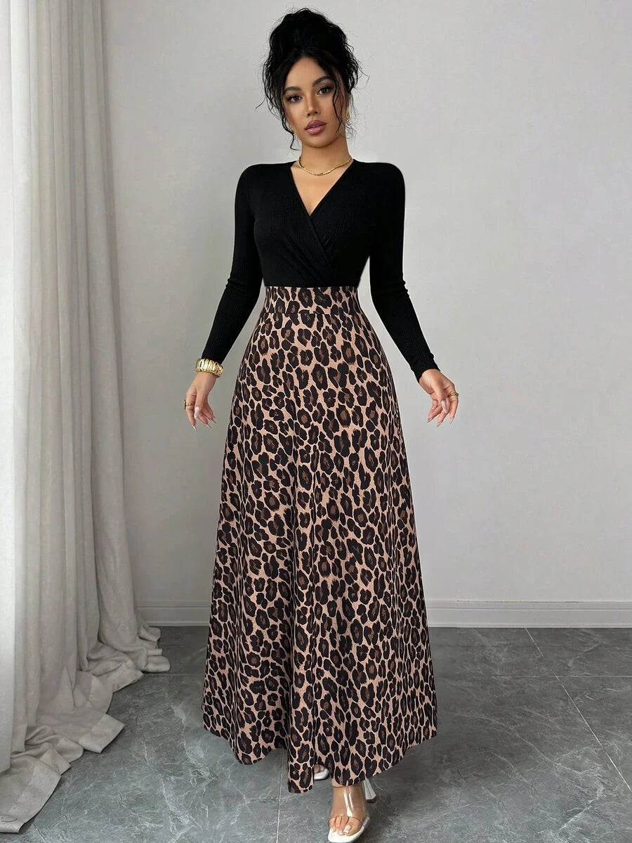 SHEIN Elenzga فستان طويل أسود بطبعة جلد النمر وتصميم ضيق متسع
