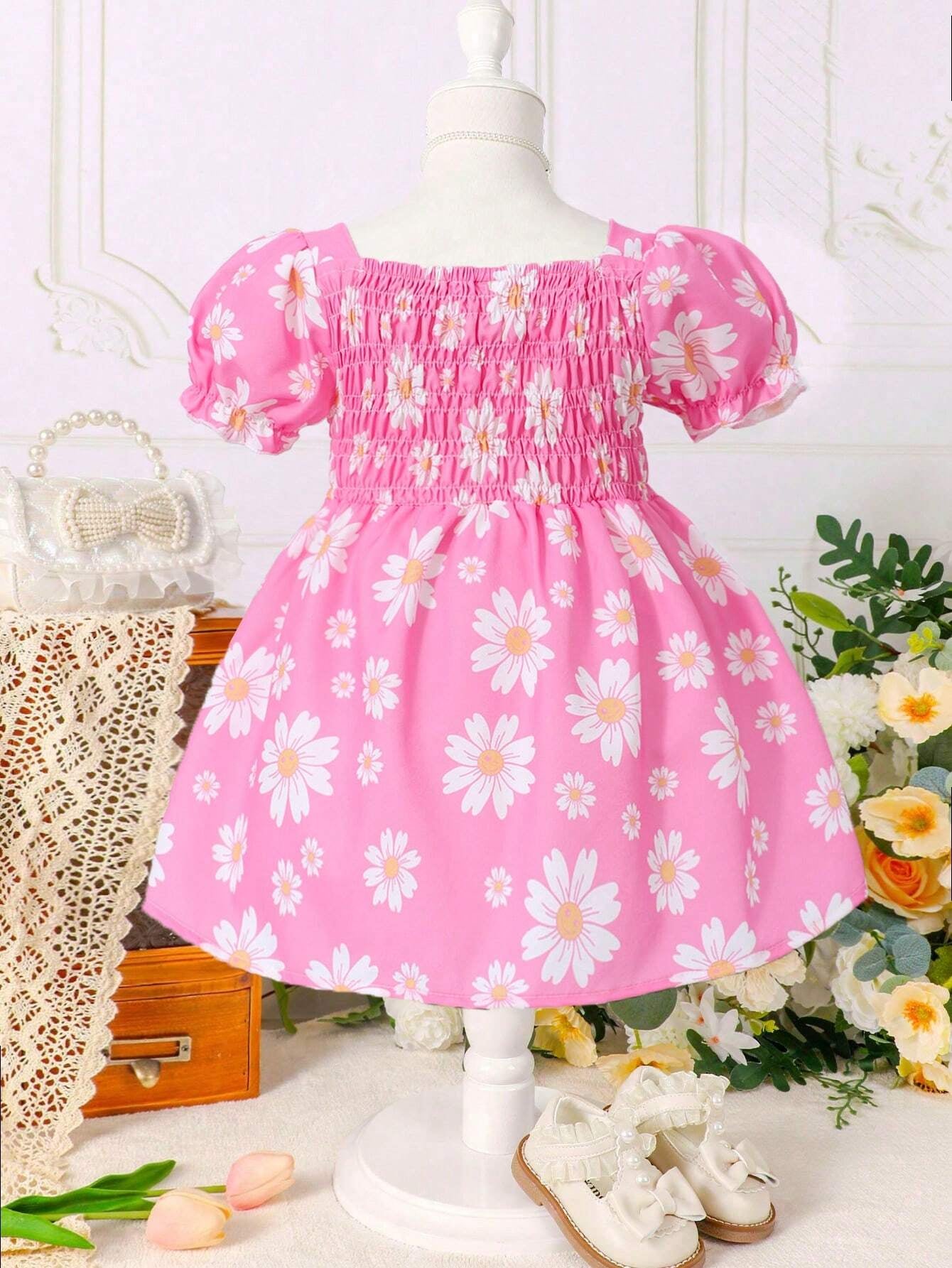 Baby Girl Floral Print Bow Front Puff Sleeve Dress