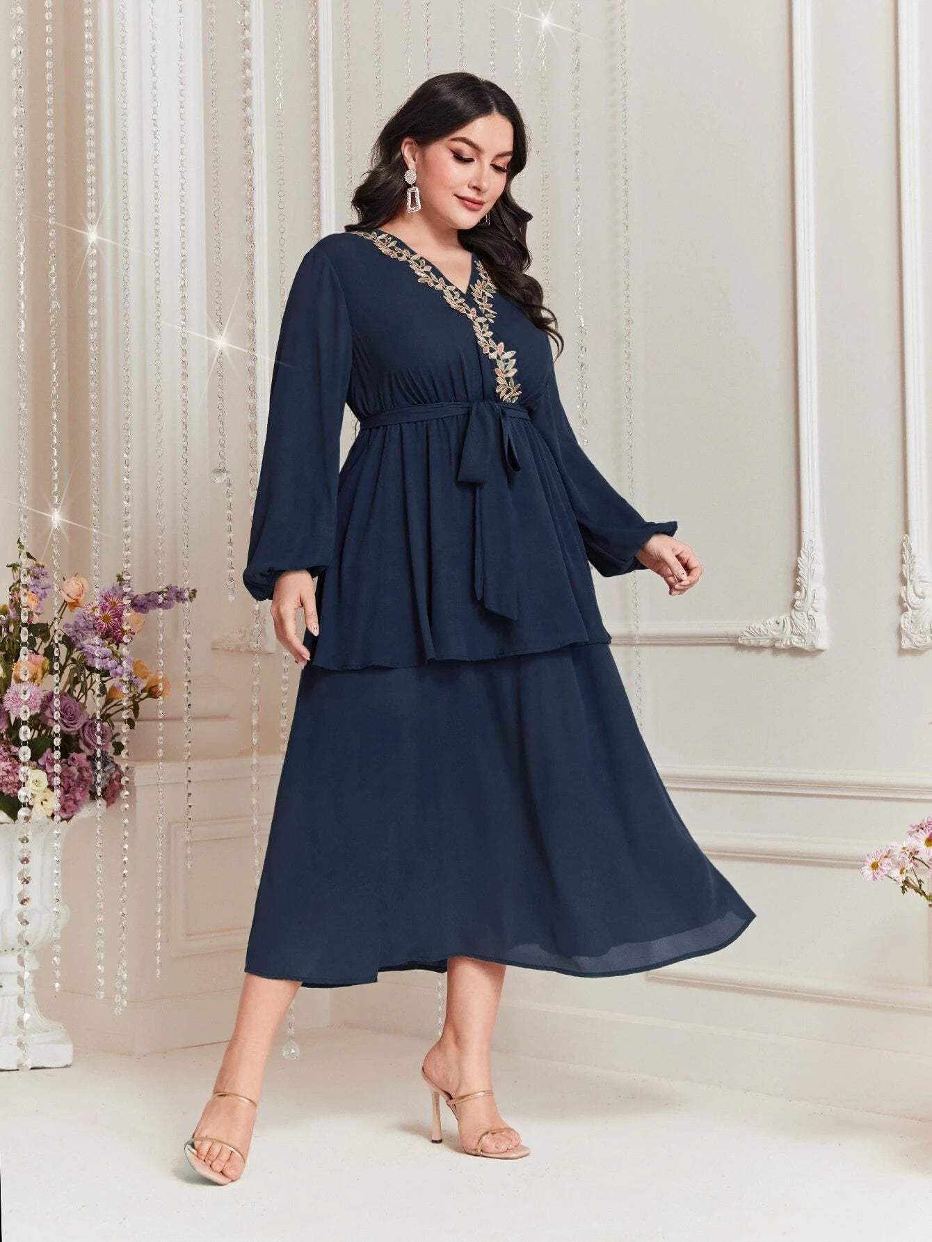 Modely plus Size Embroidered Decor Lantern Sleeve Dress