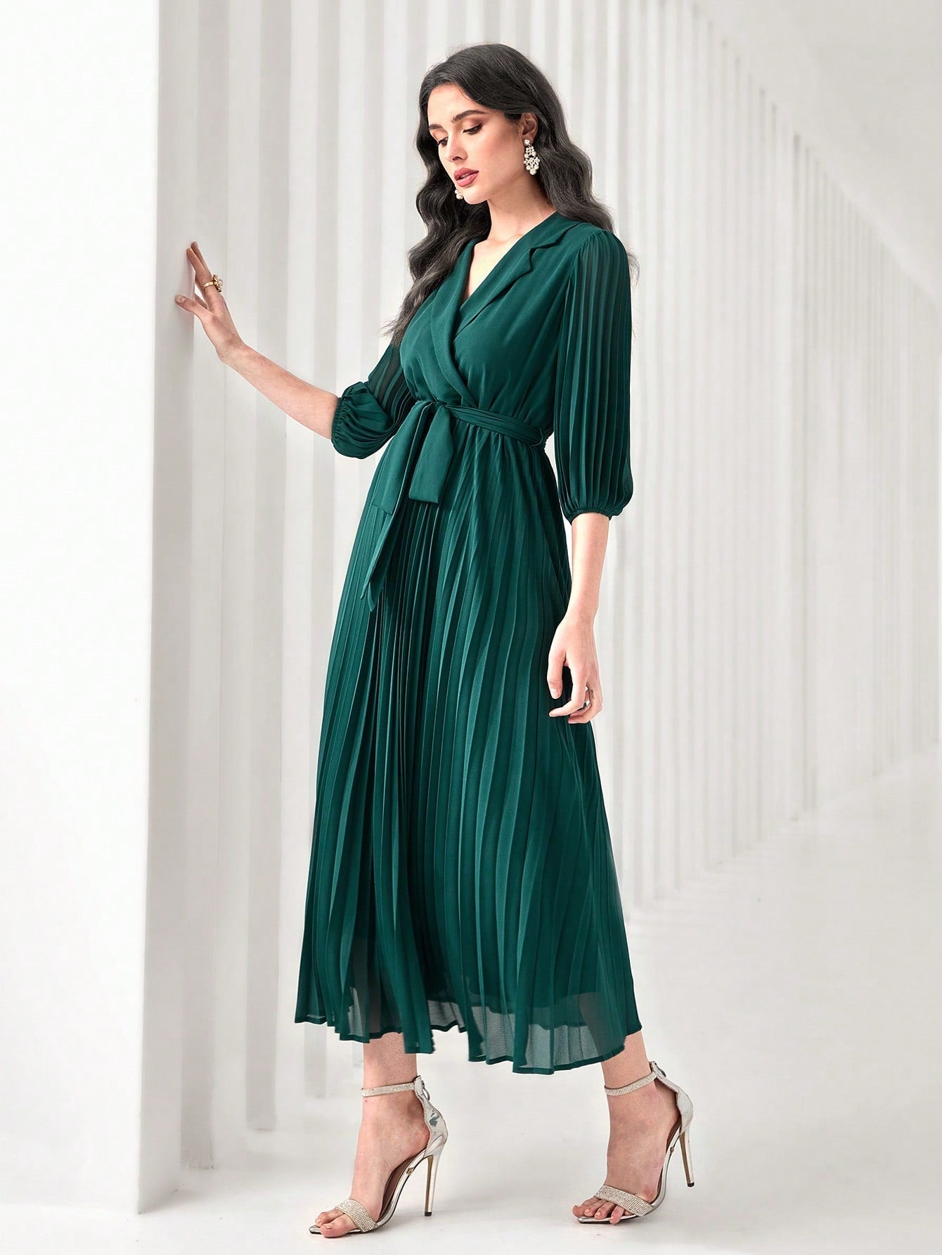 Modely Notch Neck Pleated Hem Belted Dress