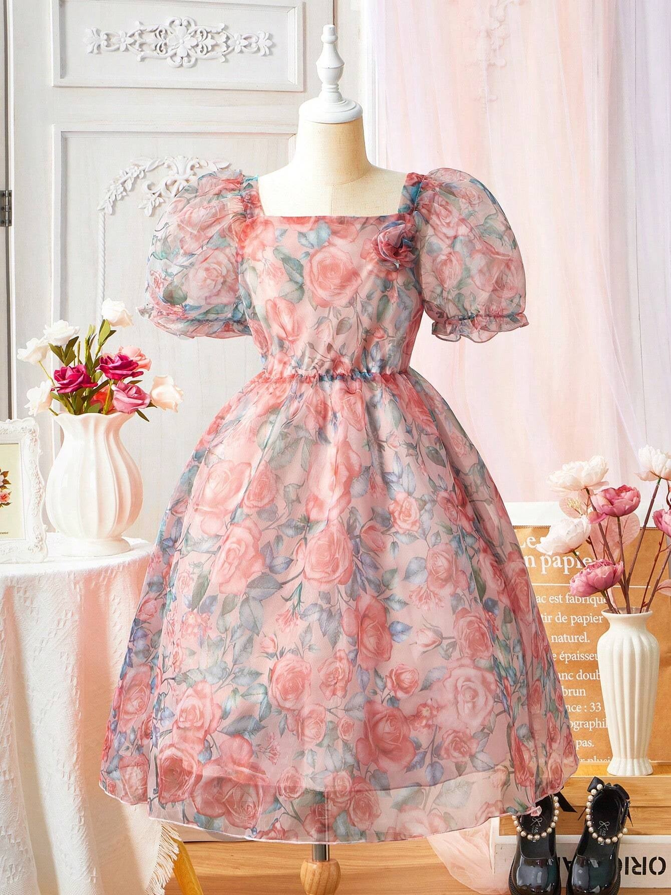 Tween Girl Floral Printed Mesh Patchwork Puff Sleeve Dress