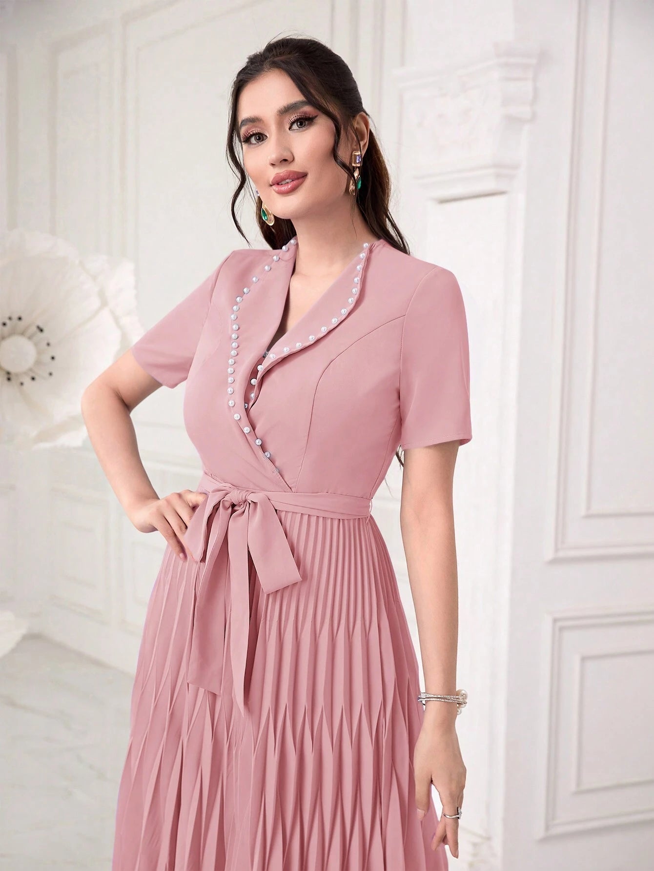 Modely Pearls Beaded Detail Belted Pleated Hem Dress