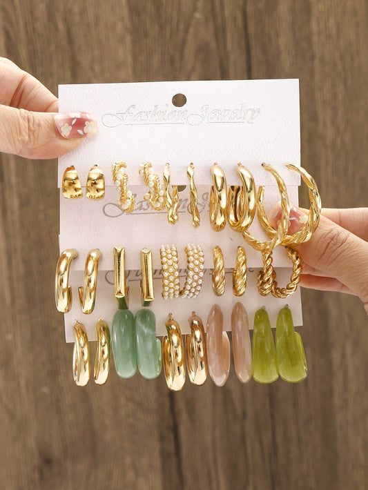 15Pairs/Set Fashionable Metal Imitation Faux Pearl & Acrylic Resin C-Shaped Decor Earrings Set, Suitable for Daily Wear